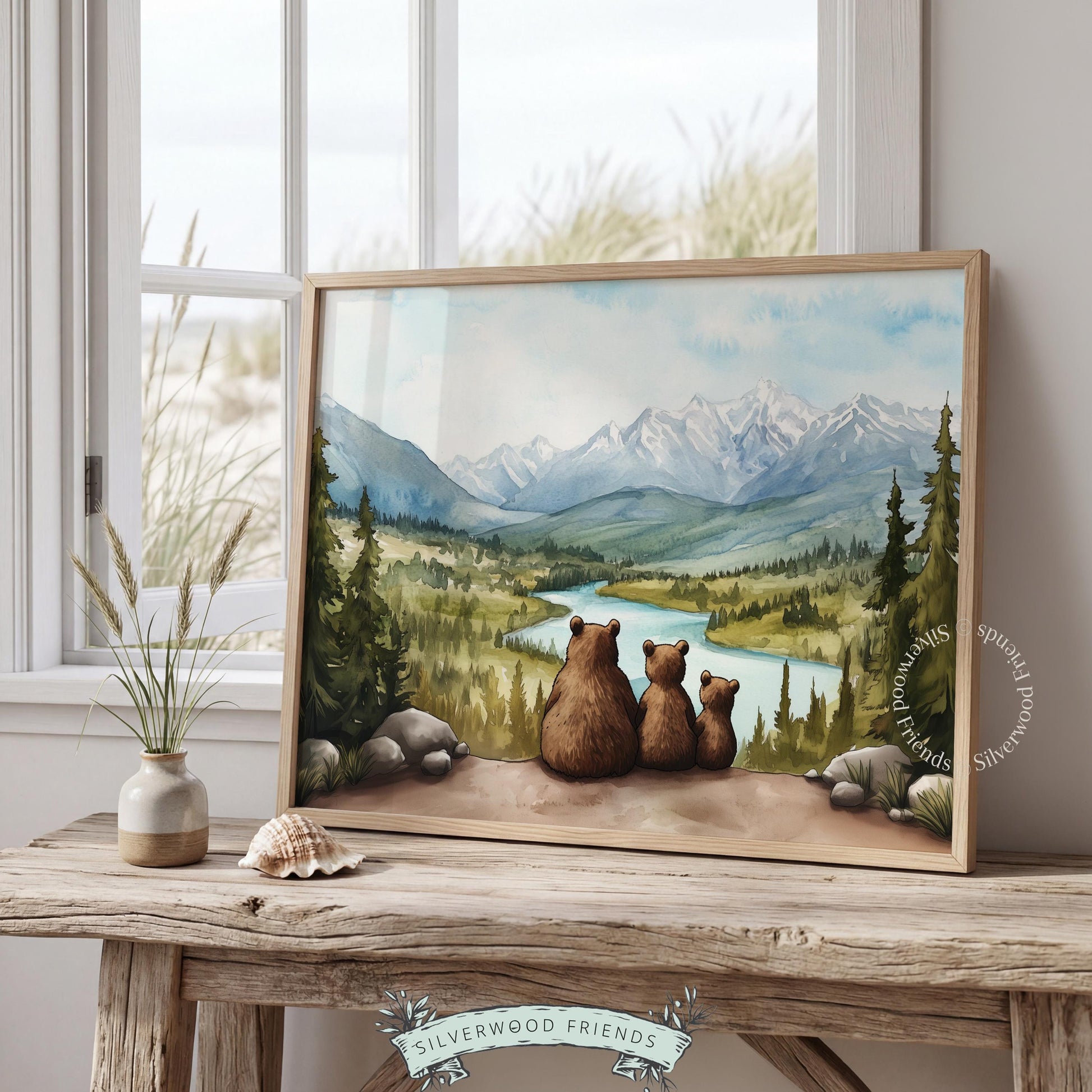 Forest landscape printable art for nursery — warm watercolor bears with cubs admiring valley view