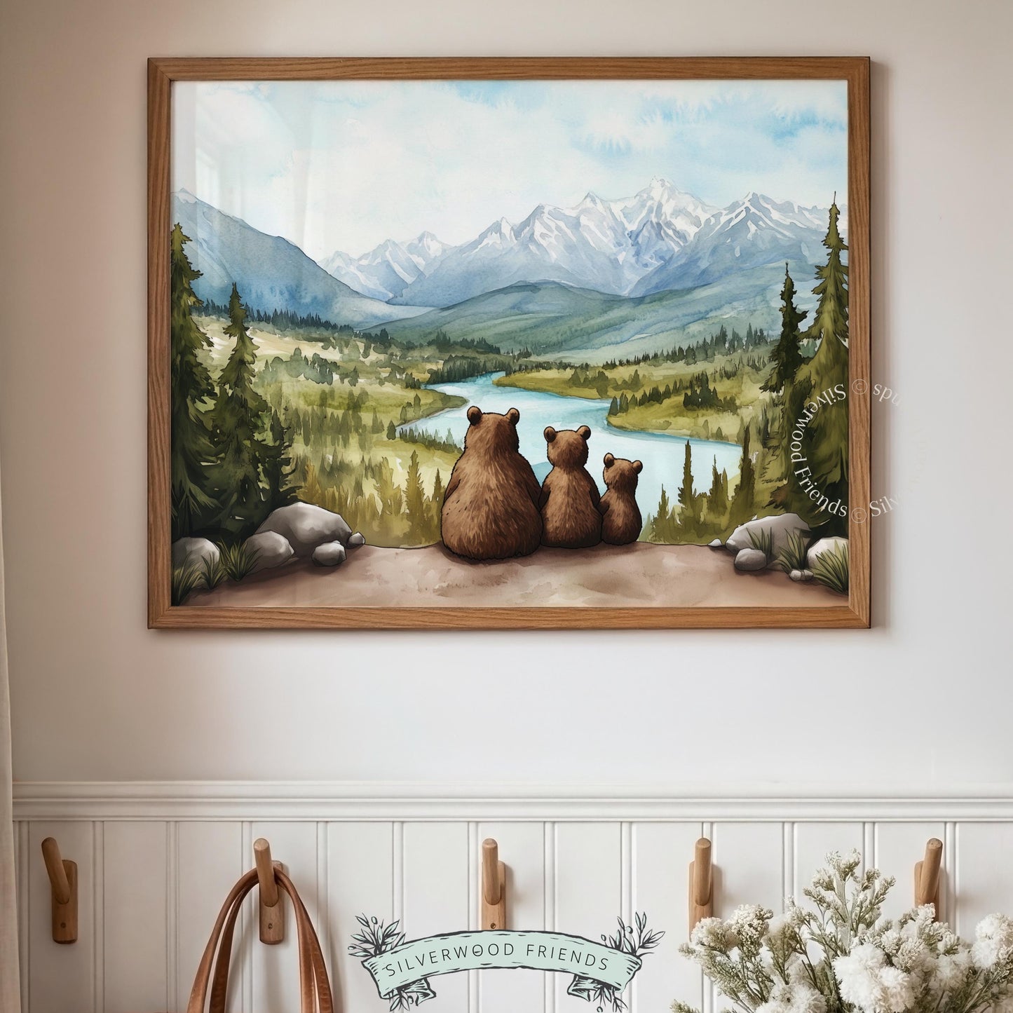 Mama bear and cubs wall art printable — serene mountain valley scene with soft watercolor detail