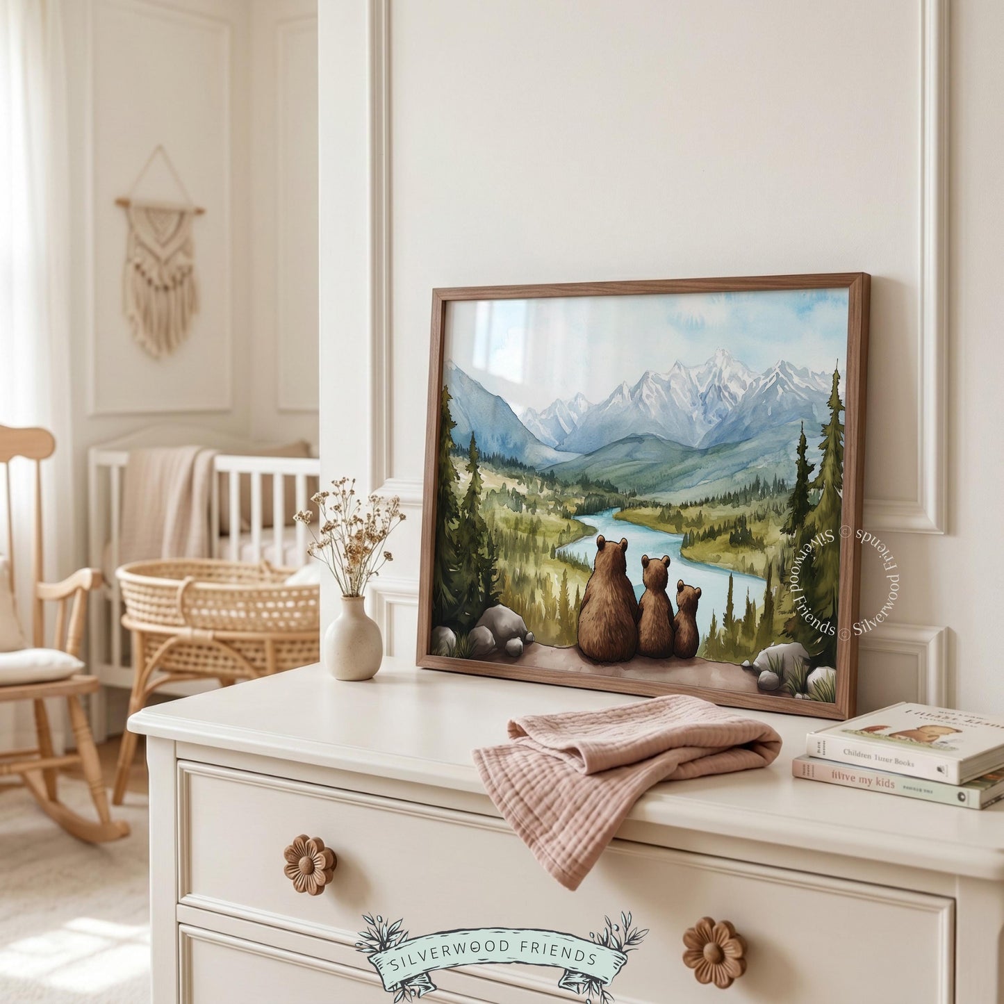 Valley landscape digital print for woodland room — peaceful bear family scene with nature scenery