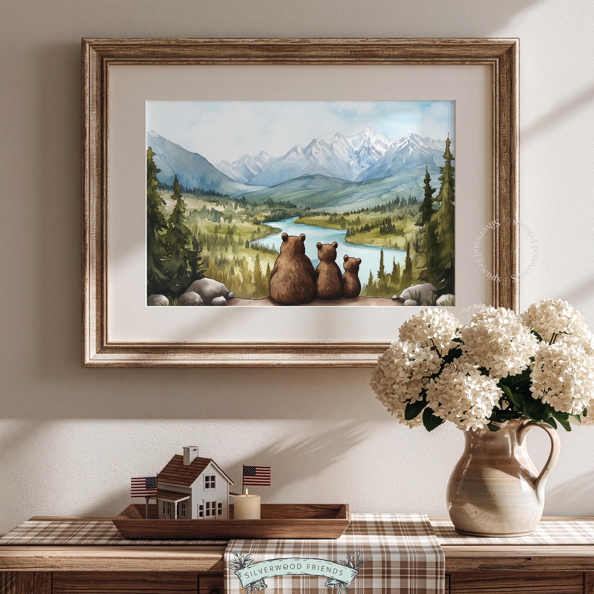 Rustic mountain scene wall print for woodland room — bears seated before sprawling nature vista