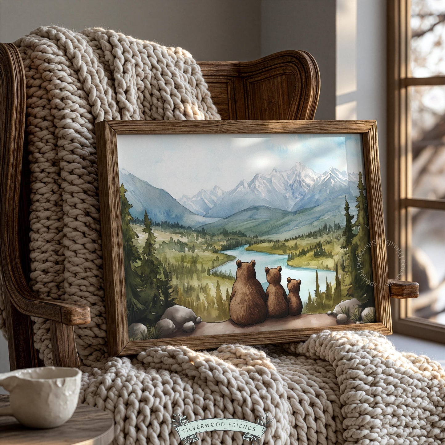 Nature-inspired gallery wall poster — brown bears overlooking mountain terrain with river and peaks