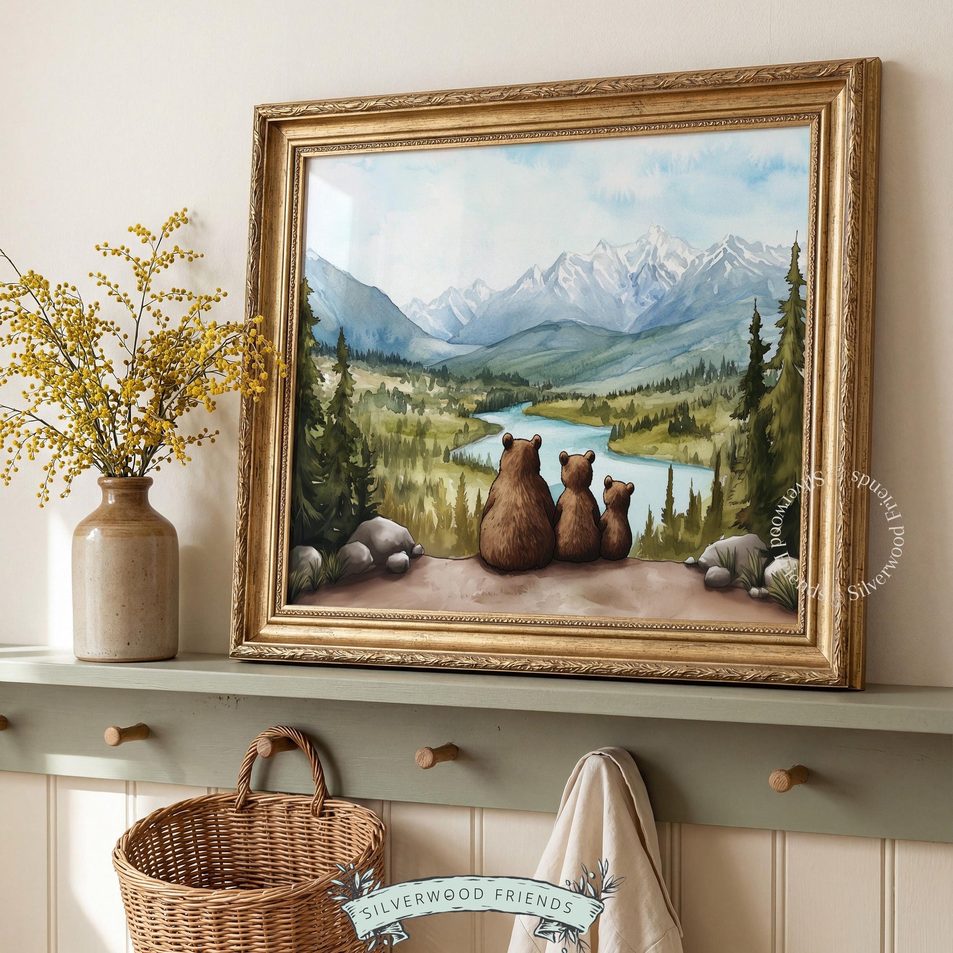 Alpine landscape poster art for nursery — cozy bear family portrait with forested slopes and snow