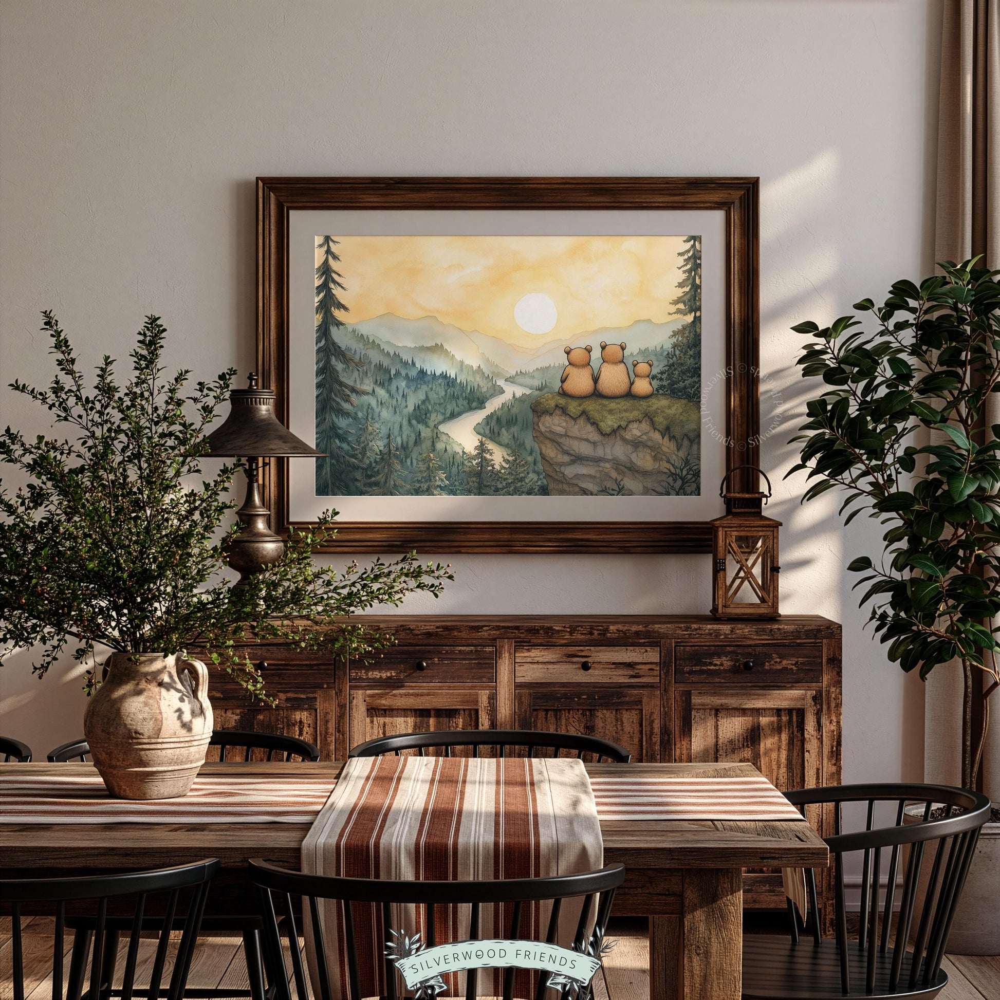 Gallery wall art for baby room — woodland bears poster in soft sage, gold, and warm brown palette