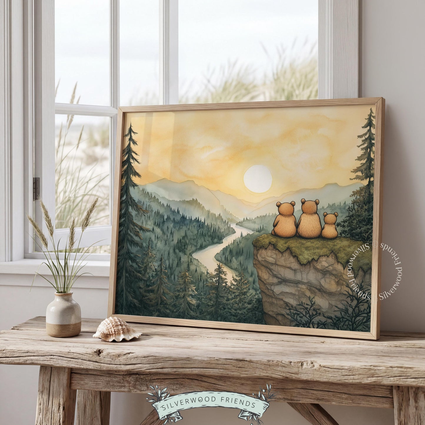 Mountain wildlife wall art for kids bedroom — trio of bears with golden sunset over forested valley