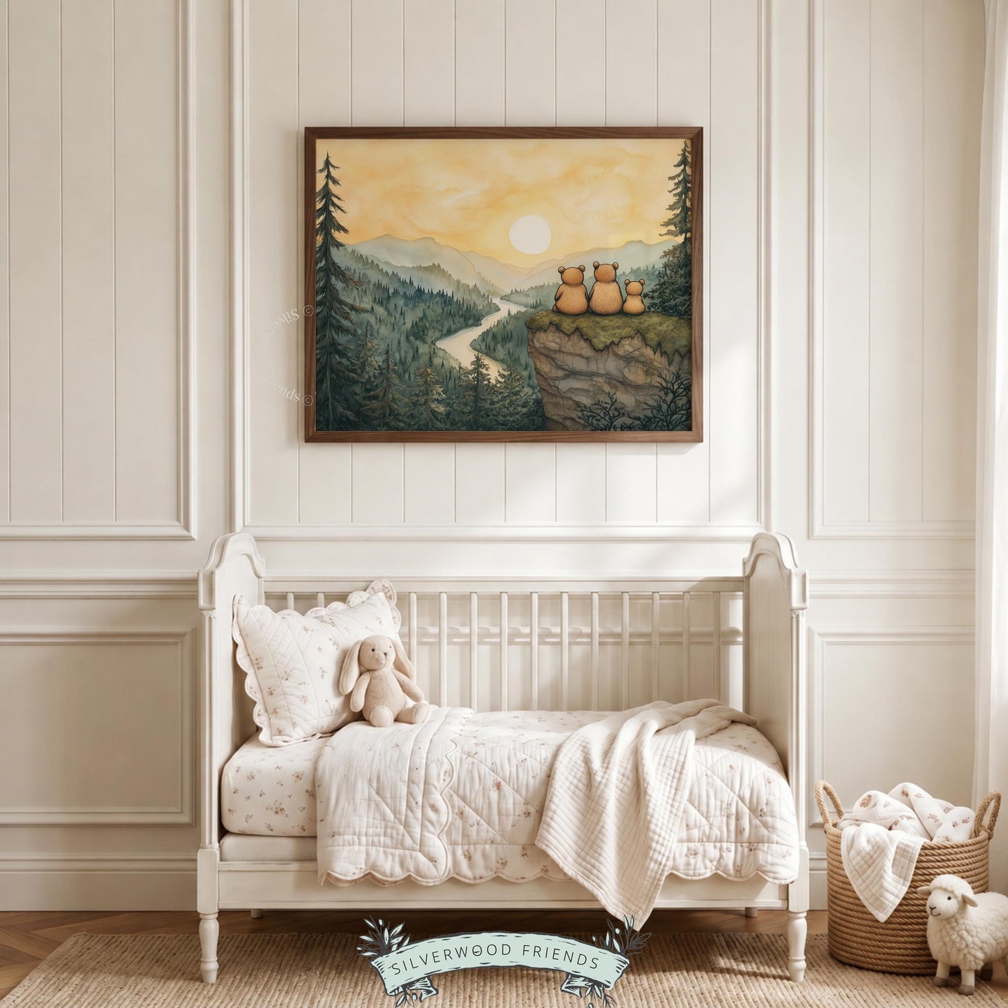 Woodland creatures digital art for baby room — soft watercolor painting of bears overlooking scenic vista