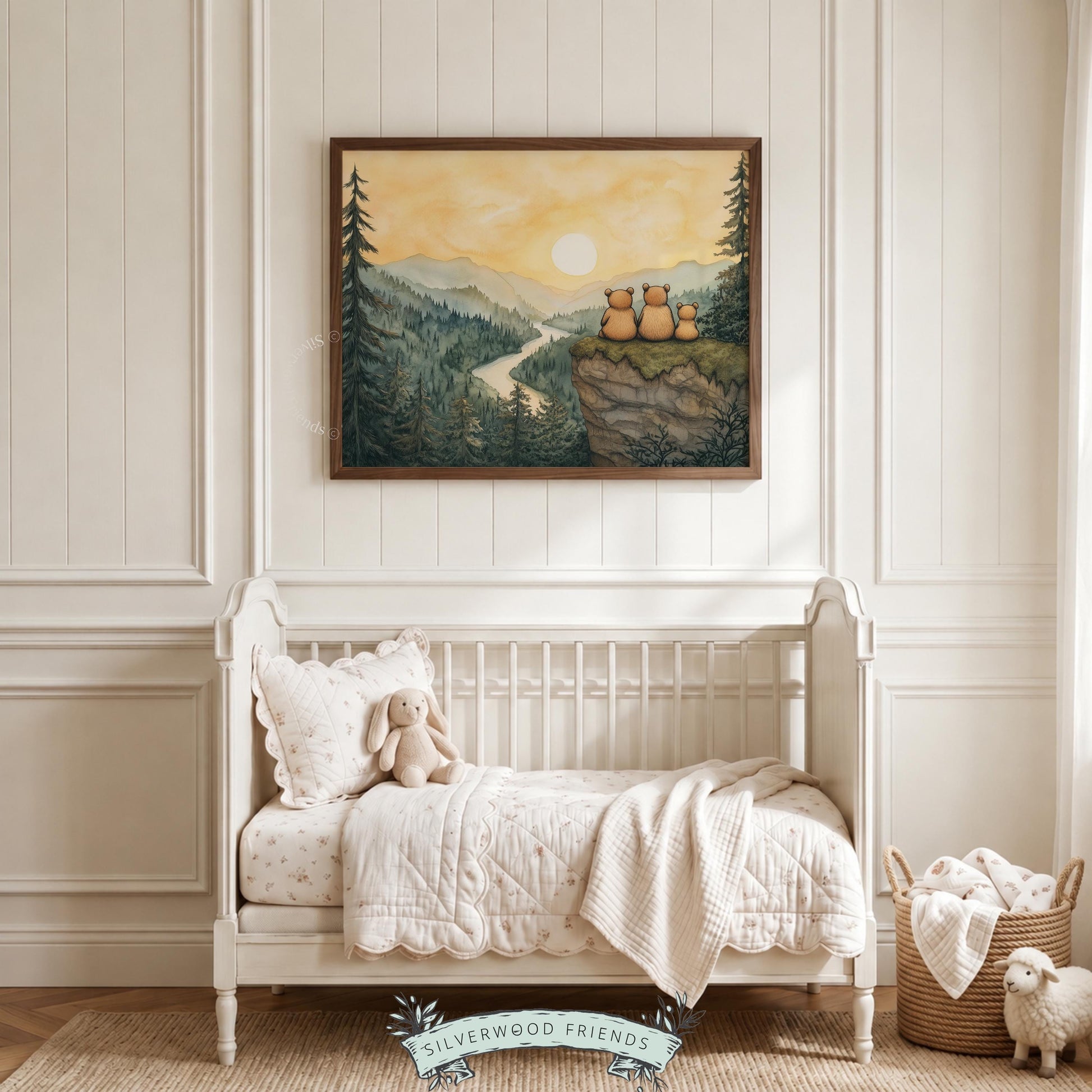 Woodland creatures digital art for baby room — soft watercolor painting of bears overlooking scenic vista