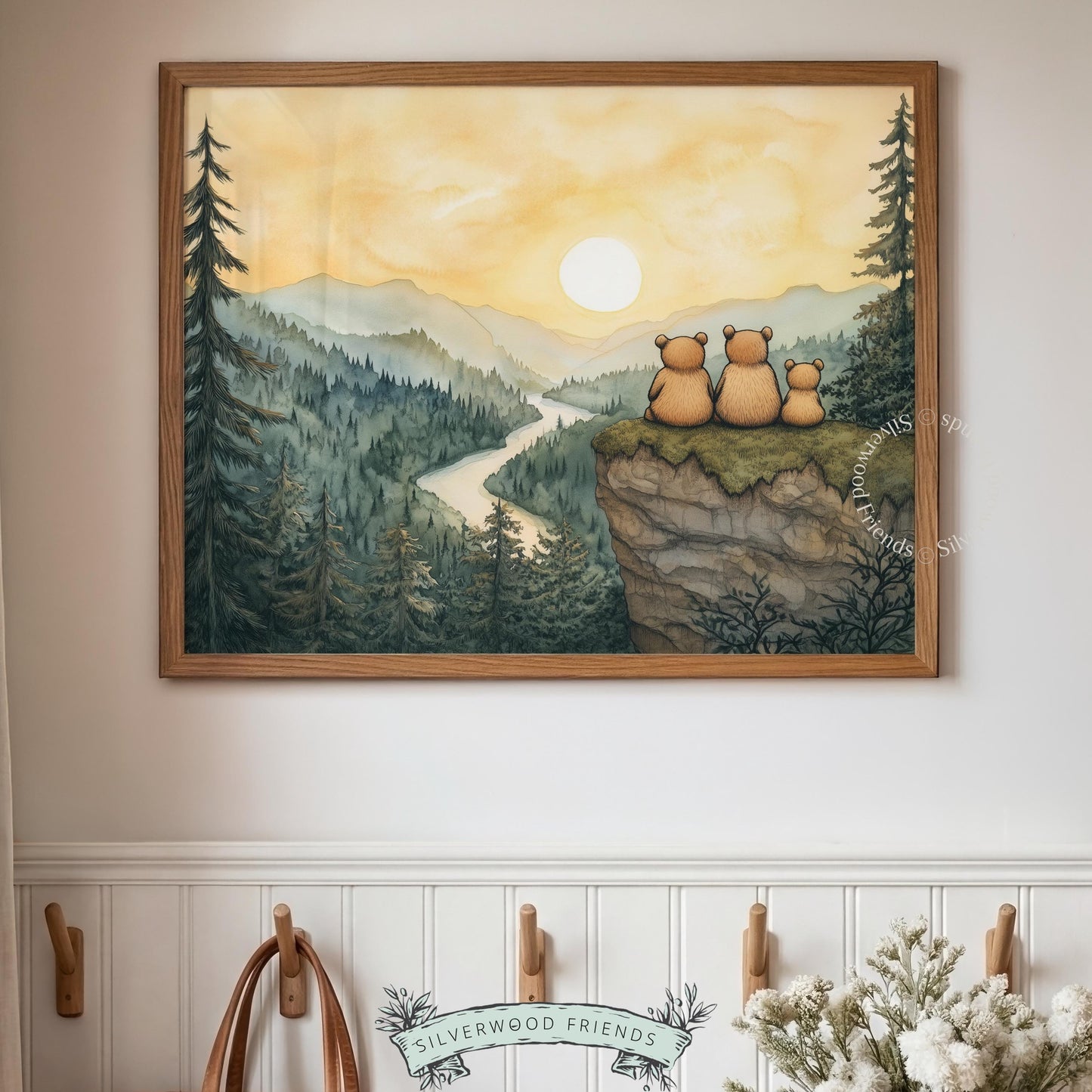 Baby bear family picture for woodland nursery — cozy watercolor artwork featuring mountain and river scenery