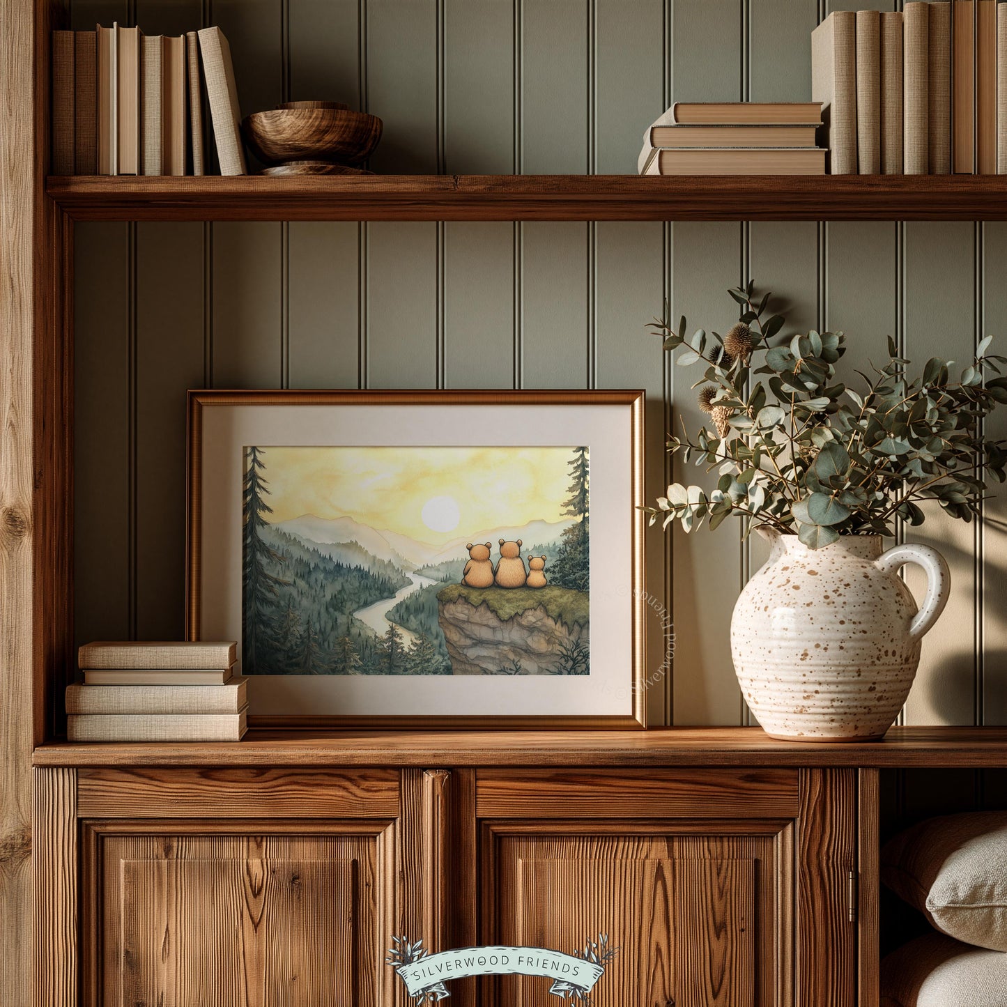 Forest landscape digital print for nursery — peaceful bear scene with muted earth tones and nature aesthetic
