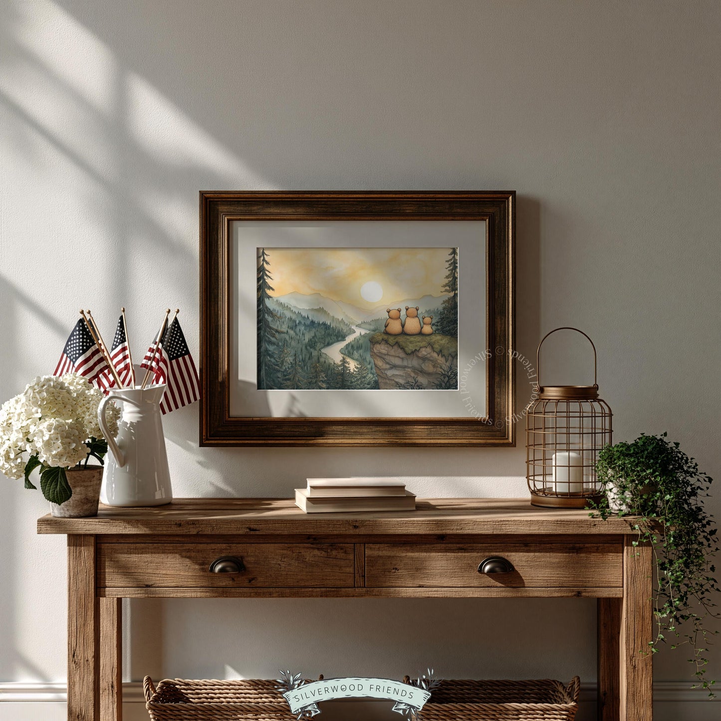 Animal family wall art for baby shower — soft illustrated bears on cliff with serene golden sky backdrop