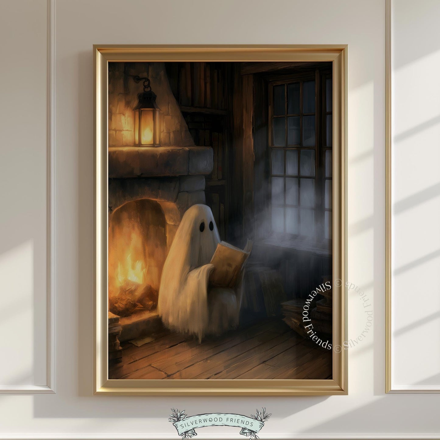 Cute specter fireplace digital wall art — moody Halloween printable featuring golden firelight and shadows