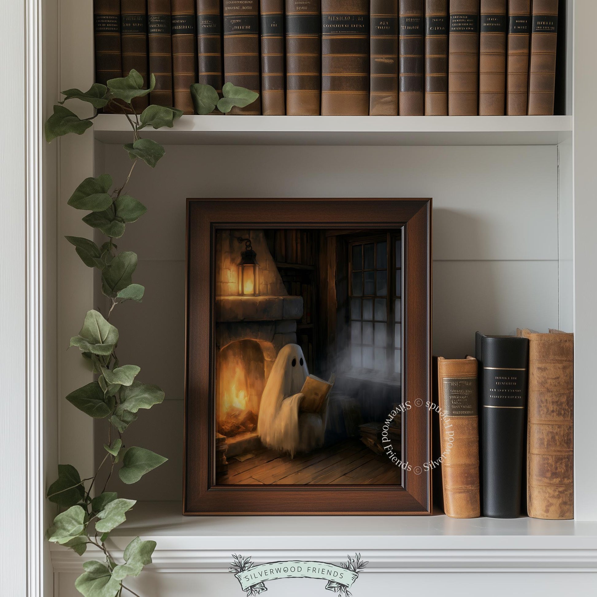 White fluffy specter digital print wall art for bedroom — moody Halloween aesthetic with glowing hearth ambiance
