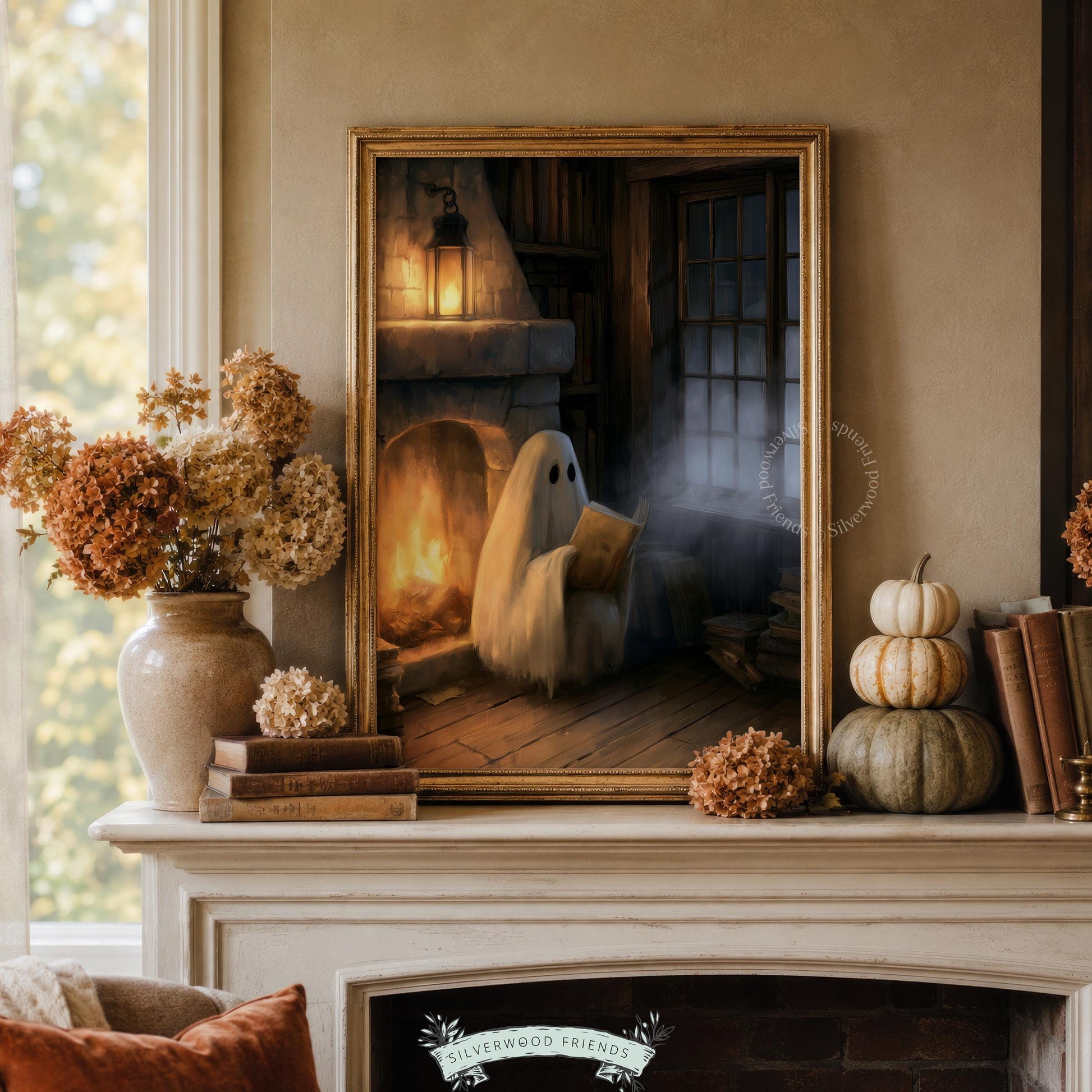 Adorable phantom by fireplace wall art printable — fall hosting decor with dark atmospheric mood and charm