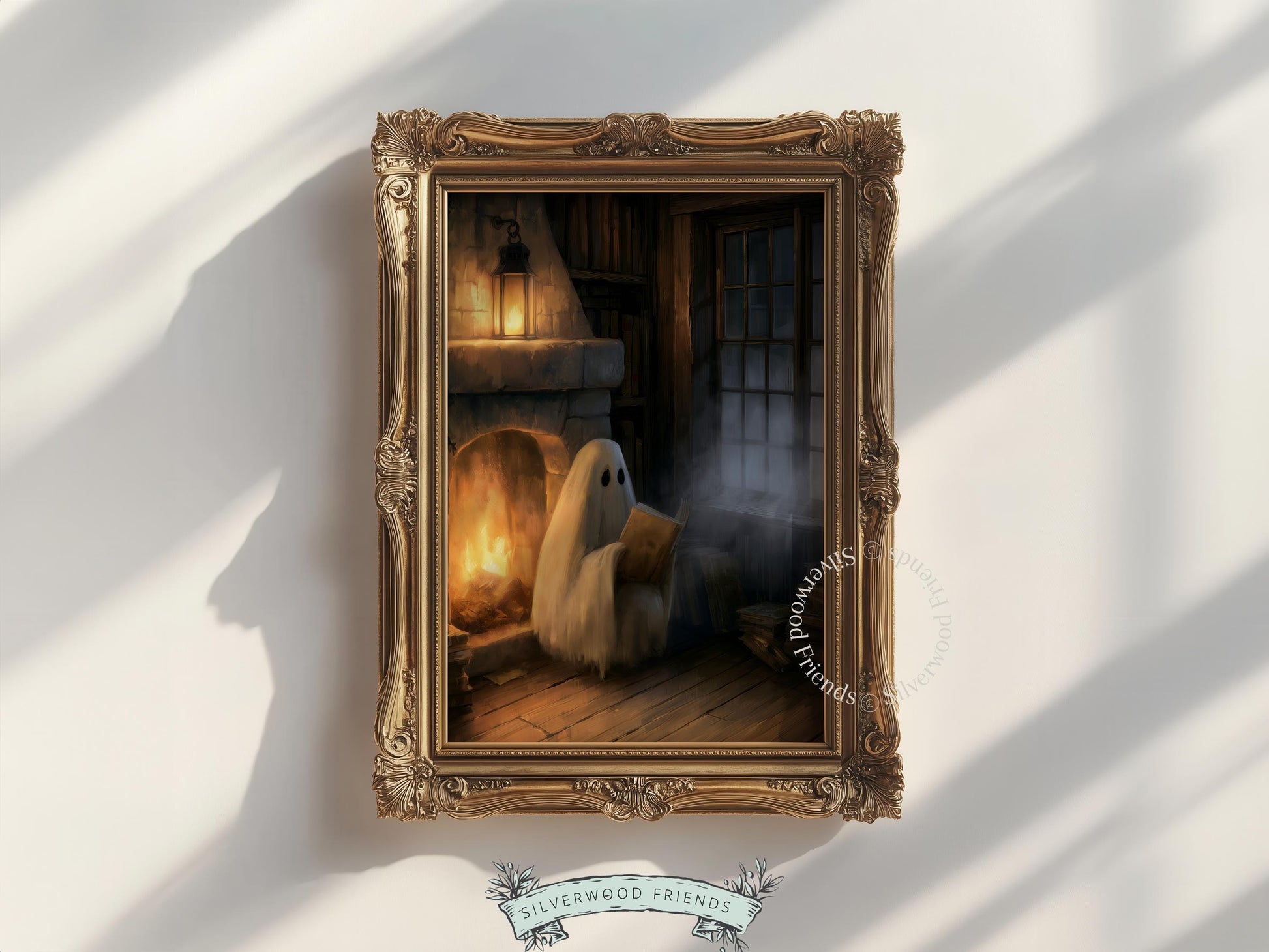 Adorable specter by hearth printable wall art — witchy Halloween artwork with golden glow and shadows