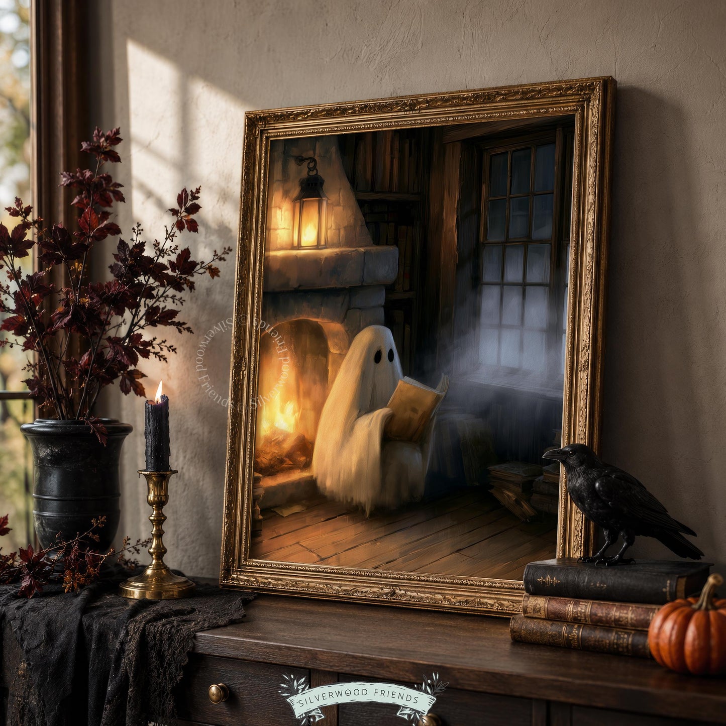 Spectral character armchair picture printable art — dark academia mood with rich amber lighting