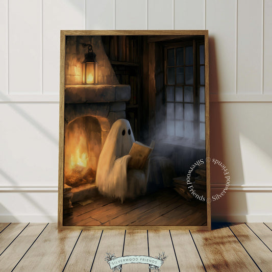 Adorable spirit character picture for fall hosting decor — cozy haunted interior with textured brushwork