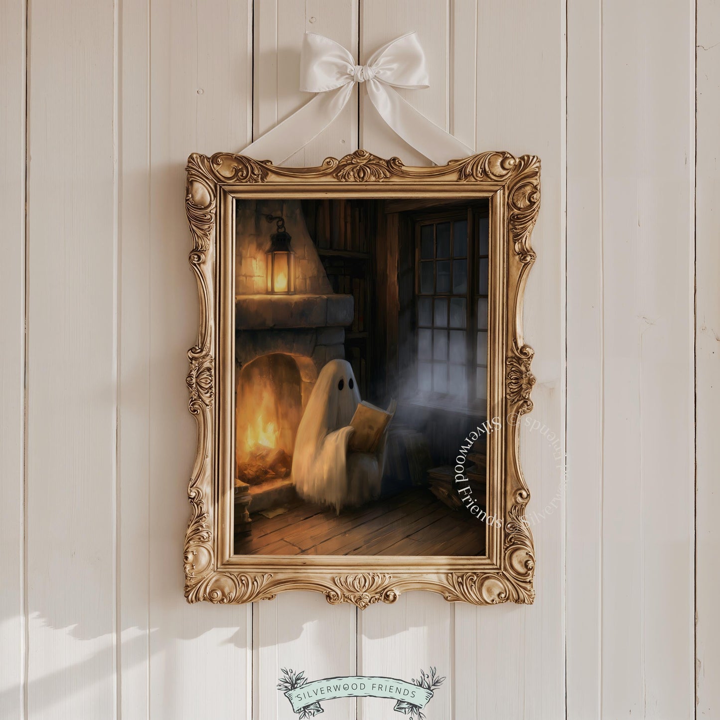 Friendly phantom fireplace digital print for living spaces — moody seasonal wall art with rustic elements