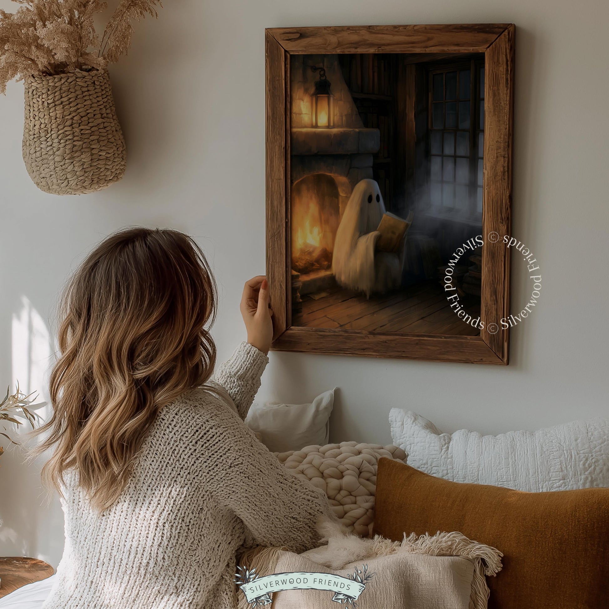 Ghost character fireplace picture printable art — spooky seasonal decor with soft misty light effects