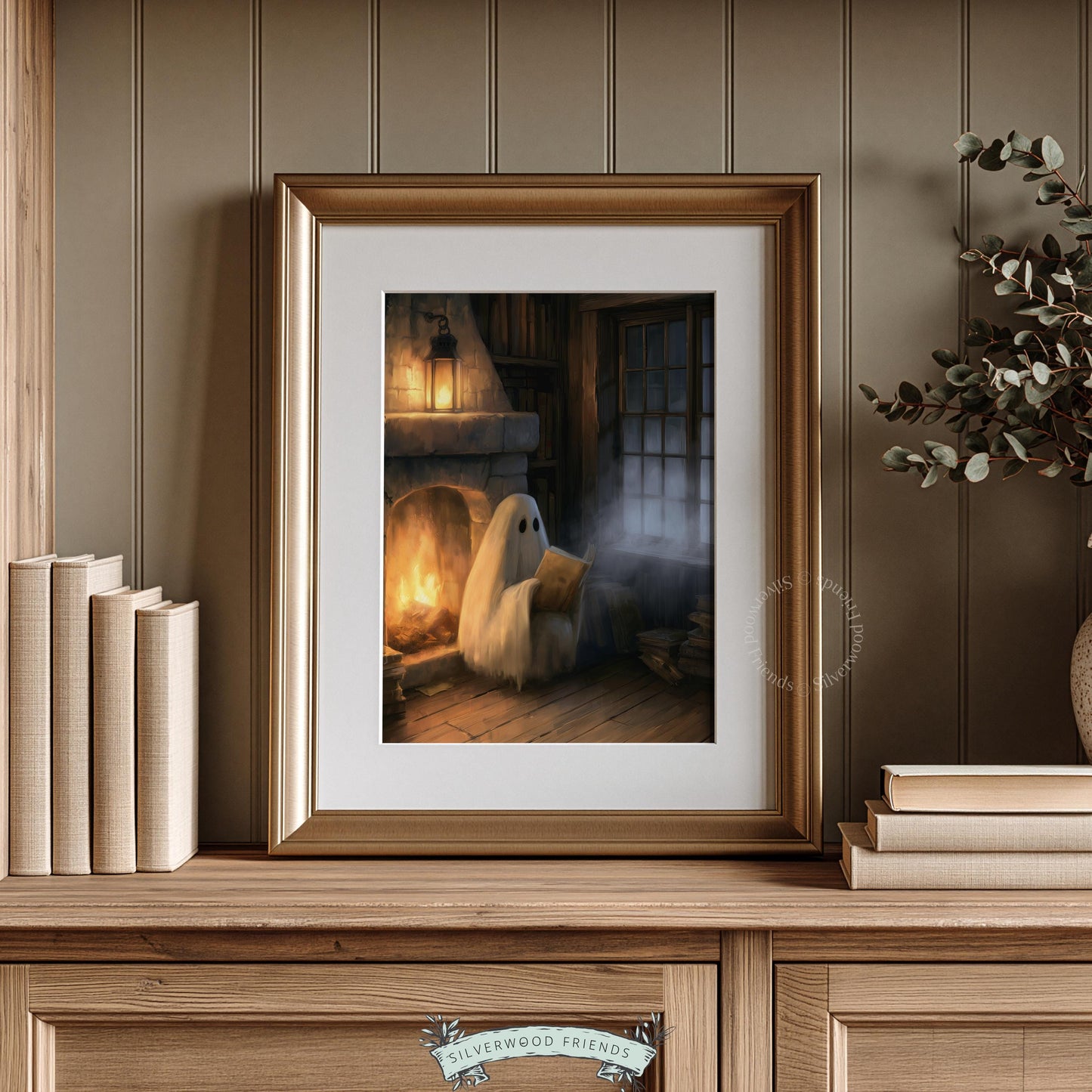 Ghostly friend painting poster instant download — cozy haunted interior scene with rich textured brushwork