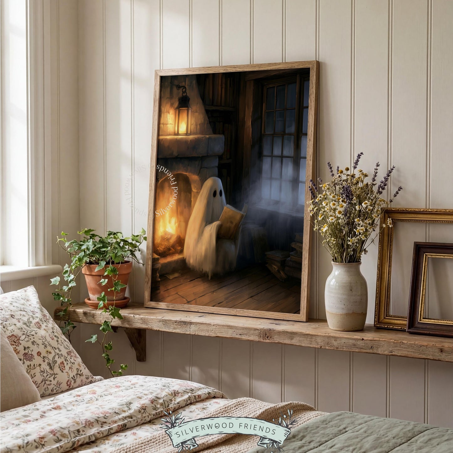 Ghost in armchair poster instant download — witchy home decor with stone hearth and hanging lantern