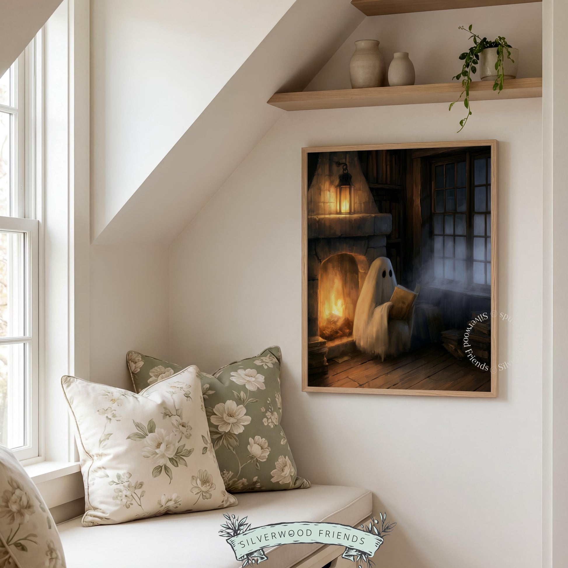 Cute ghost armchair painting printable art for living room — cozy fireplace scene with warm golden lighting