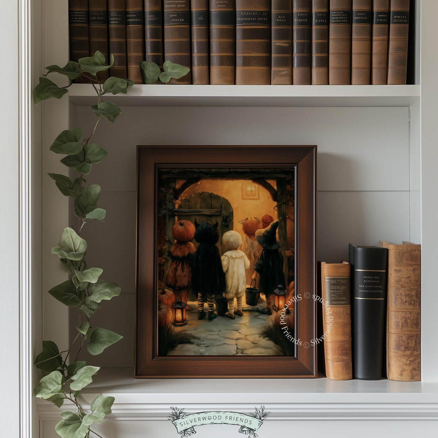 Porch trick-or-treating scene printable poster for front entry — warm-toned classic Halloween gathering with atmospheric glow