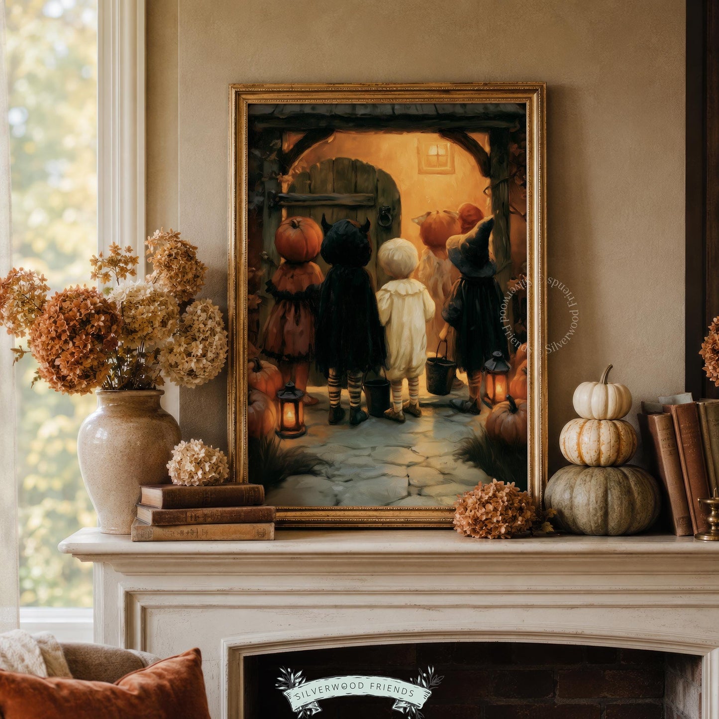 Witchy children with lanterns illustration print for fall hosting décor — antique amber-lit trick-or-treat depiction