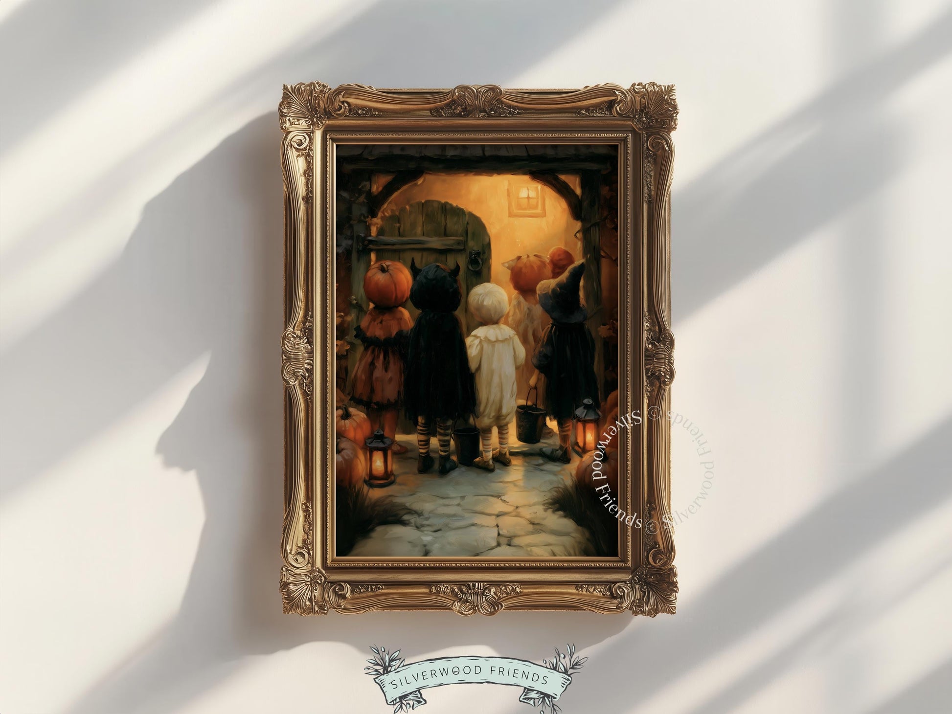 Halloween costume party at cottage threshold poster art — textured autumn scene with glowing window and pathway