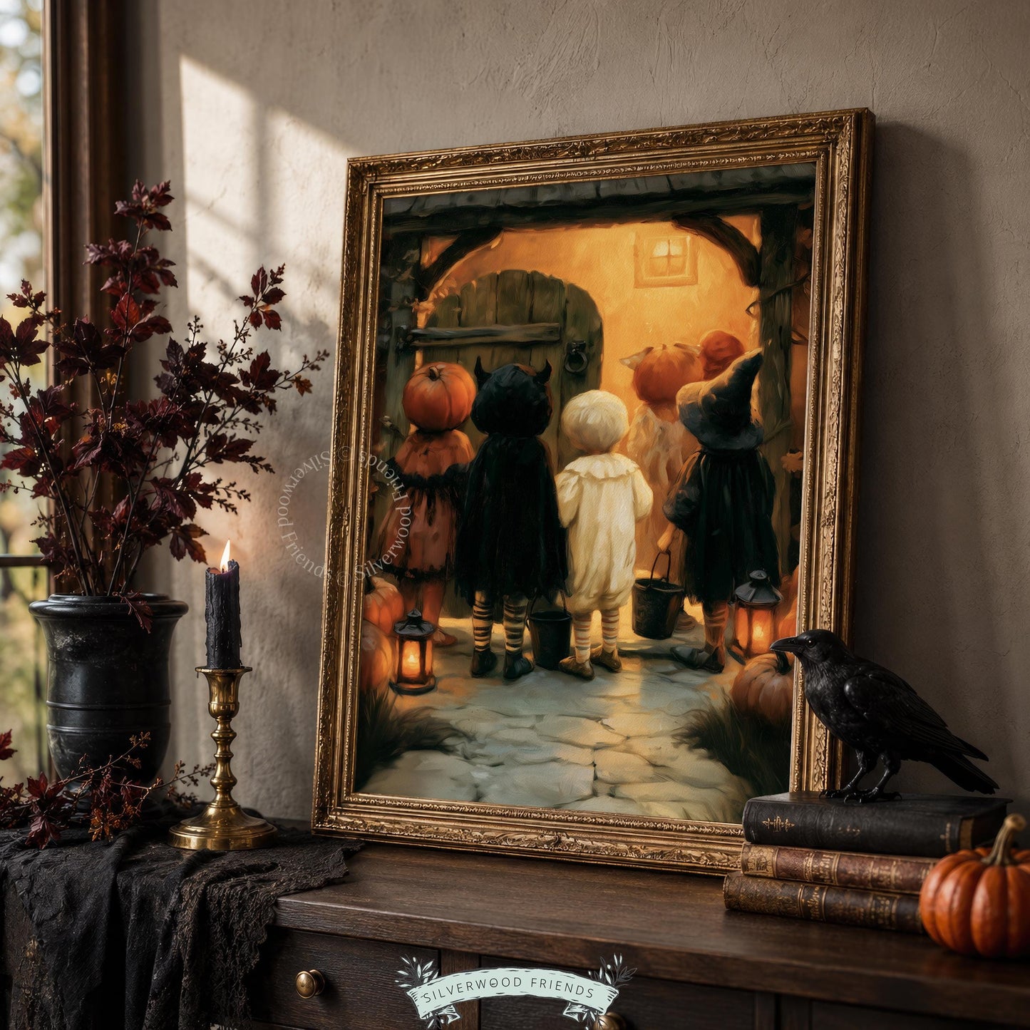 Costume-wearing children at glowing doorway wall picture for home — dark cottagecore Halloween artwork with stone pathway