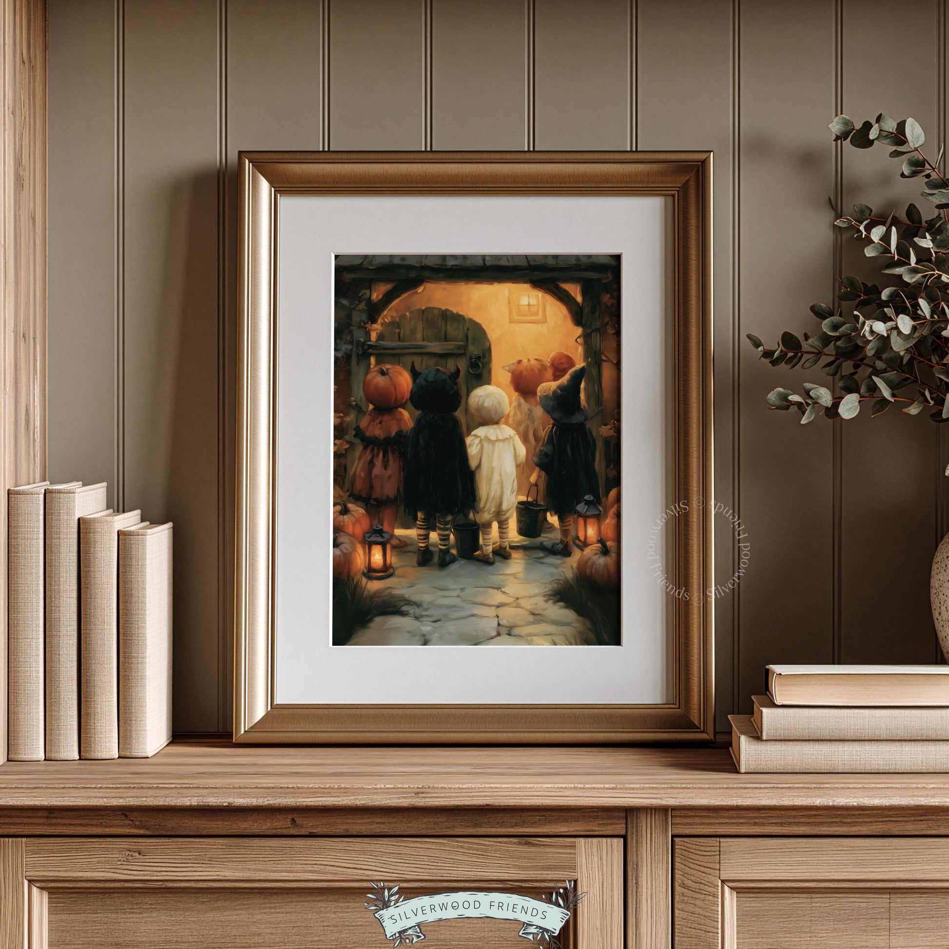 Kids in spooky costumes approaching lit cottage digital print for dark academia spaces — rich jewel-toned painting style