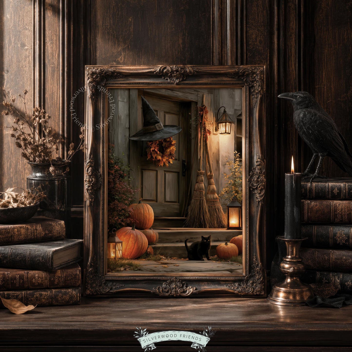 Black cat Halloween digital print for living room — weathered door surrounded by autumn leaves and candlelight
