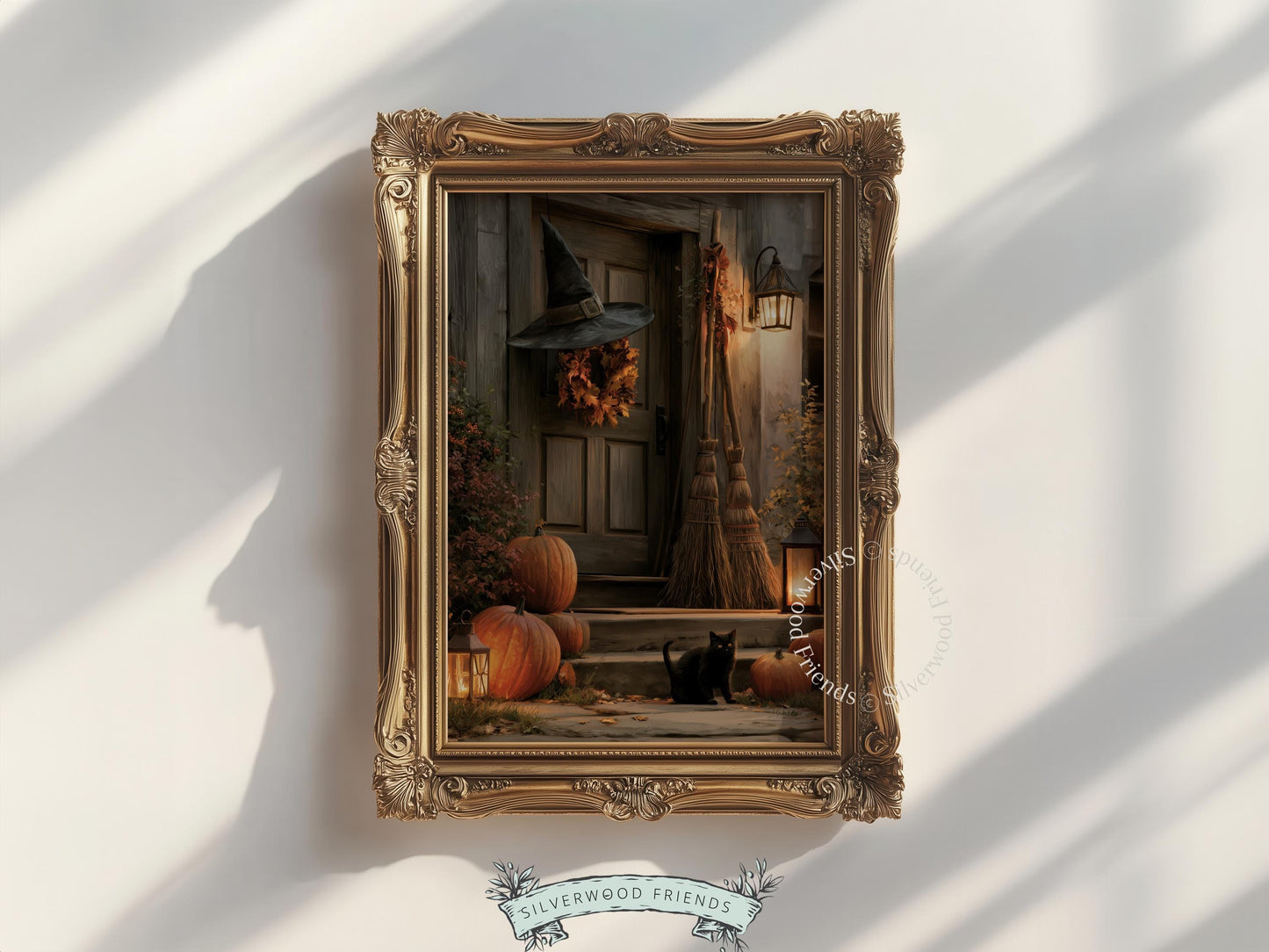 Festive fall front porch artwork wall decor printable — weathered door with mystical witch decorations