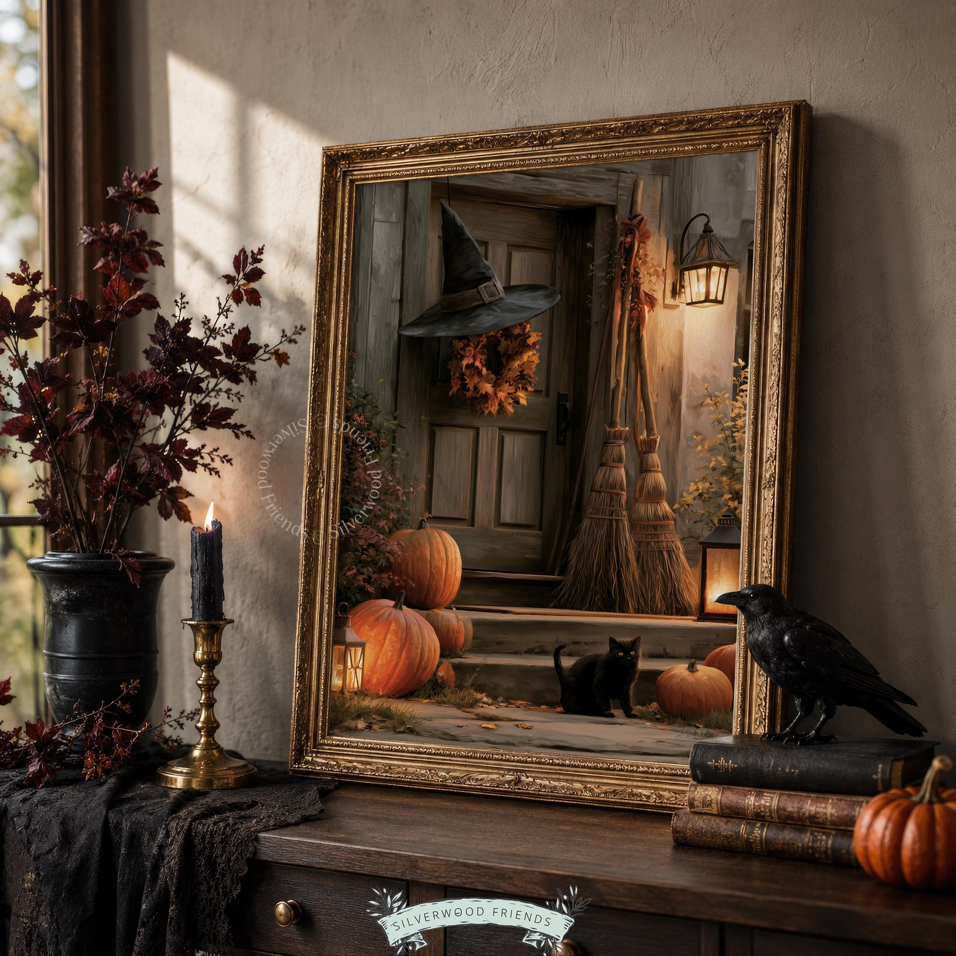 Haunted cottage entrance artwork for gallery wall — textured painting with warm amber and brown palette