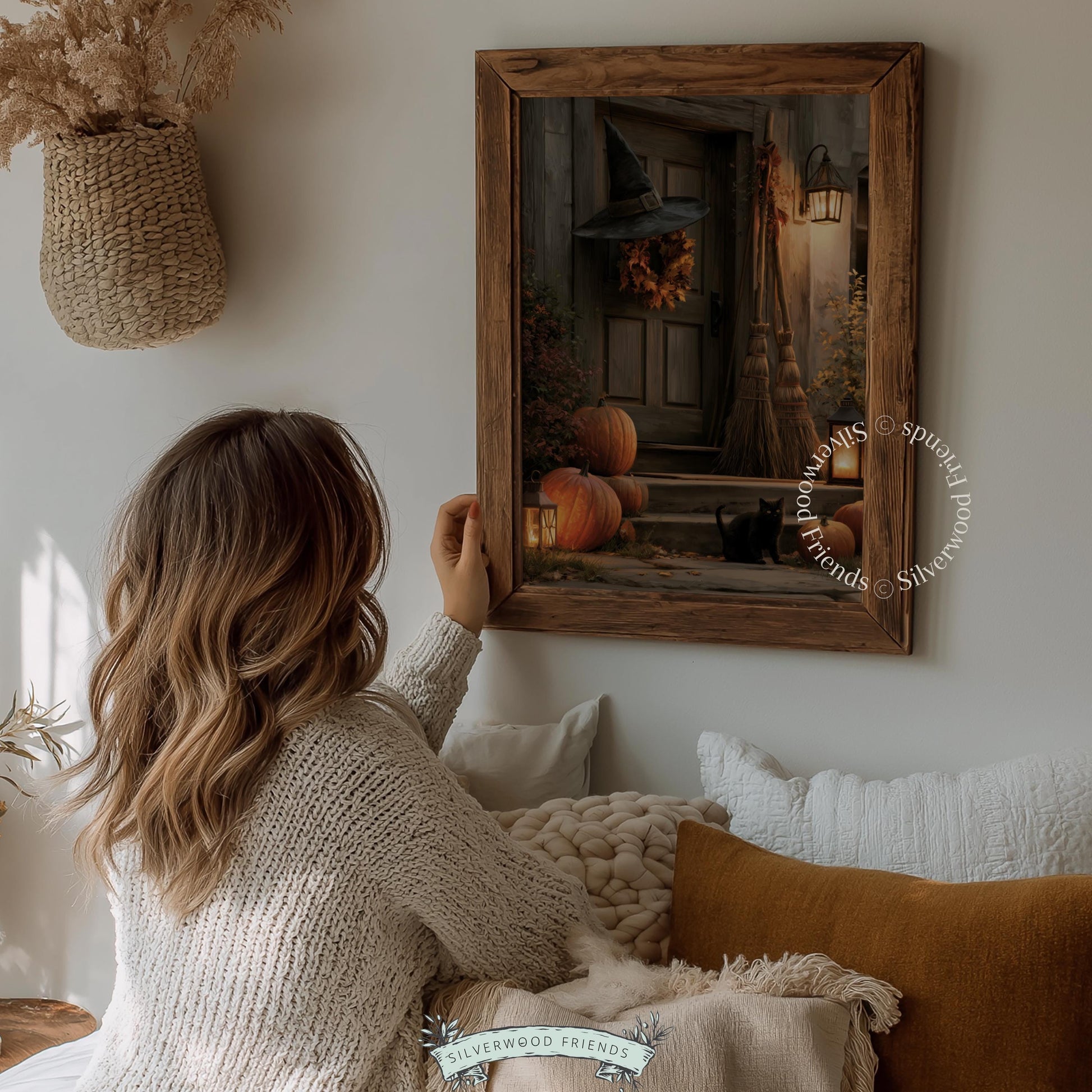 Rustic witch's threshold poster for gallery wall — candlelit doorway with autumn foliage and black feline