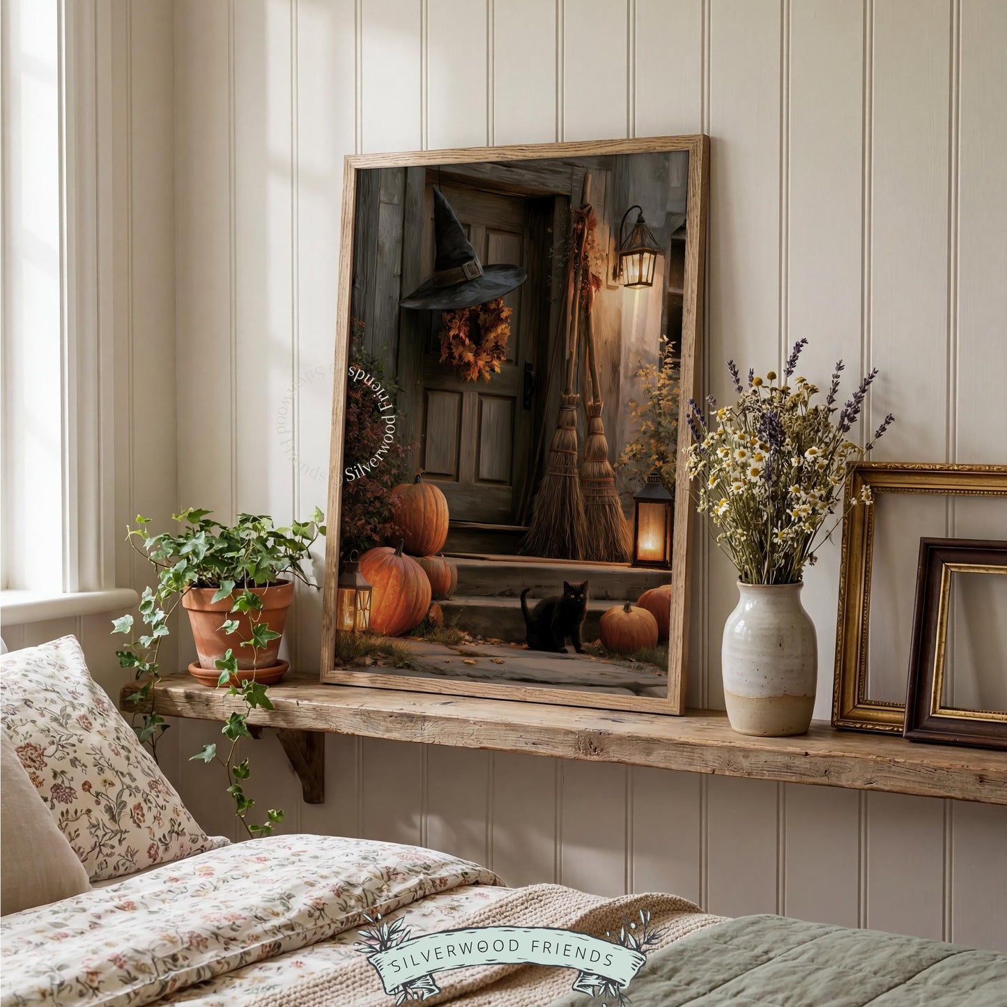 Witch's front door printable art for entryway — moody Halloween porch with black cat and pumpkins