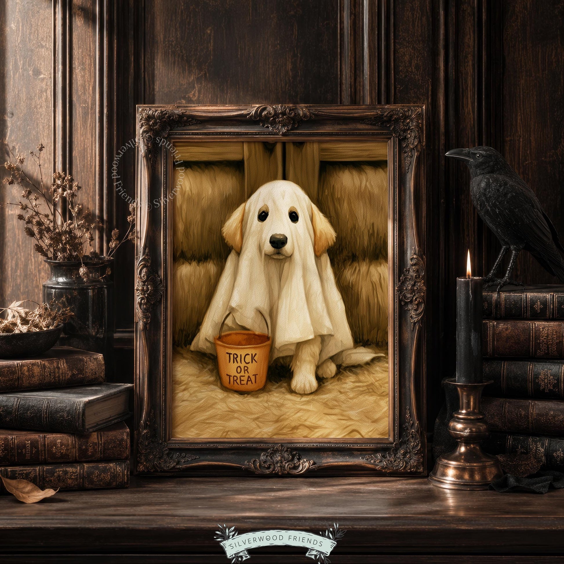 Golden retriever puppy ghost poster for bedroom — cute Halloween wall art with rustic hay bale vintage aesthetic