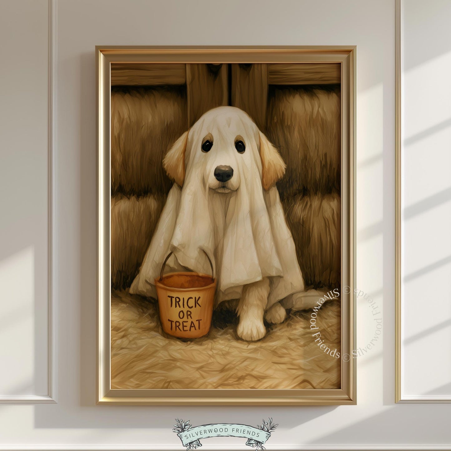 Puppy in white sheet costume picture instant download — cute Halloween wall art with warm amber painted aesthetic