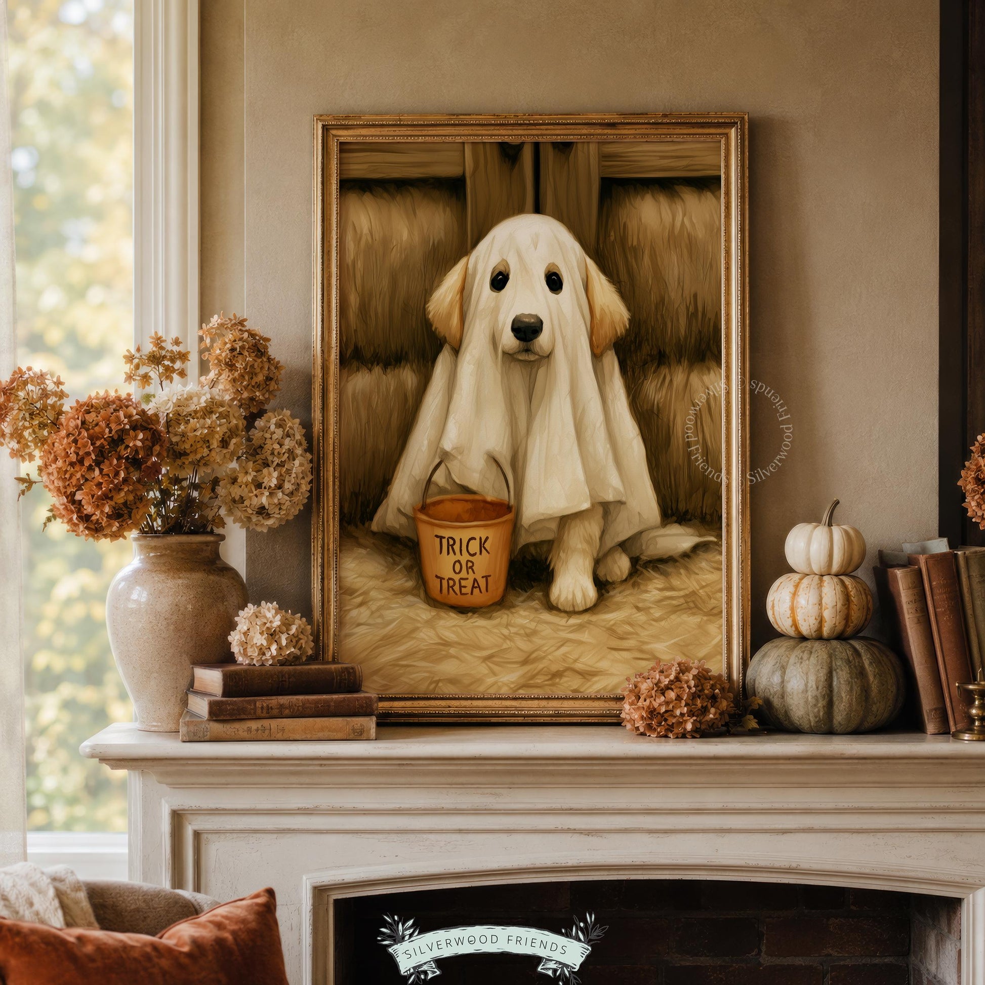 Adorable pup Halloween digital print for hallway — spooky-sweet poster with rustic seasonal charm and warm tones