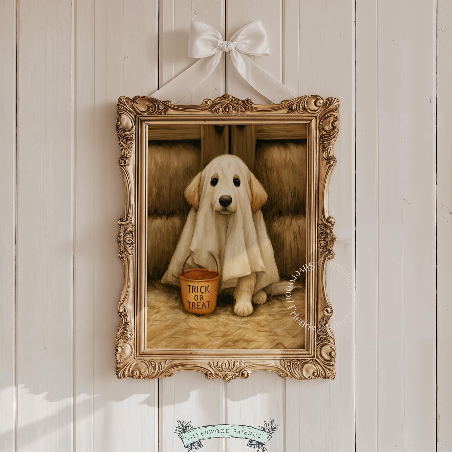 Cute dog ghost costume wall decor for den — printable autumn art with textured farmhouse Halloween vibe