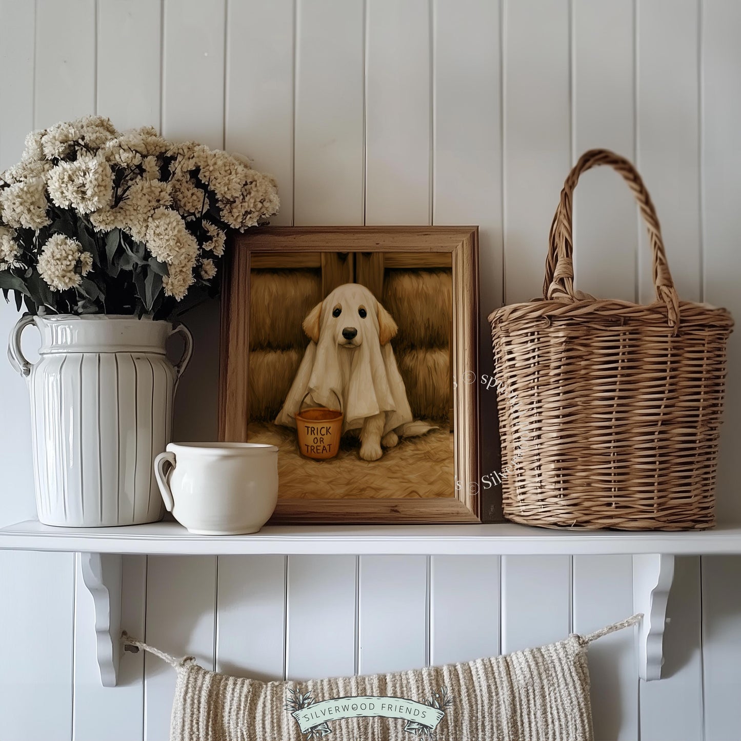 Cute retriever Halloween picture printable instant download — textured brushwork farmhouse décor with harvest feel