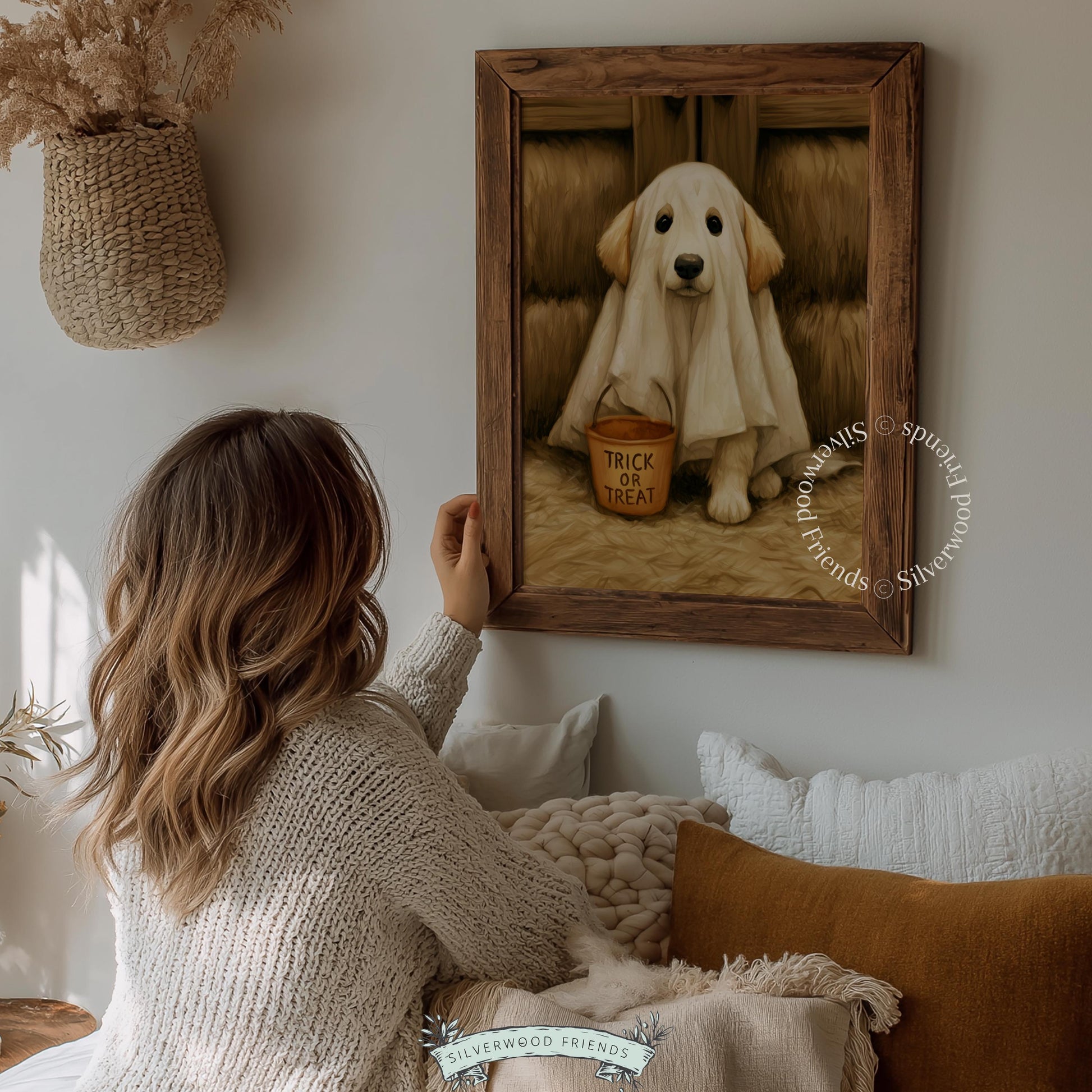 Halloween puppy portrait wall art instant download — charming painted poster with vintage farmhouse seasonal feel