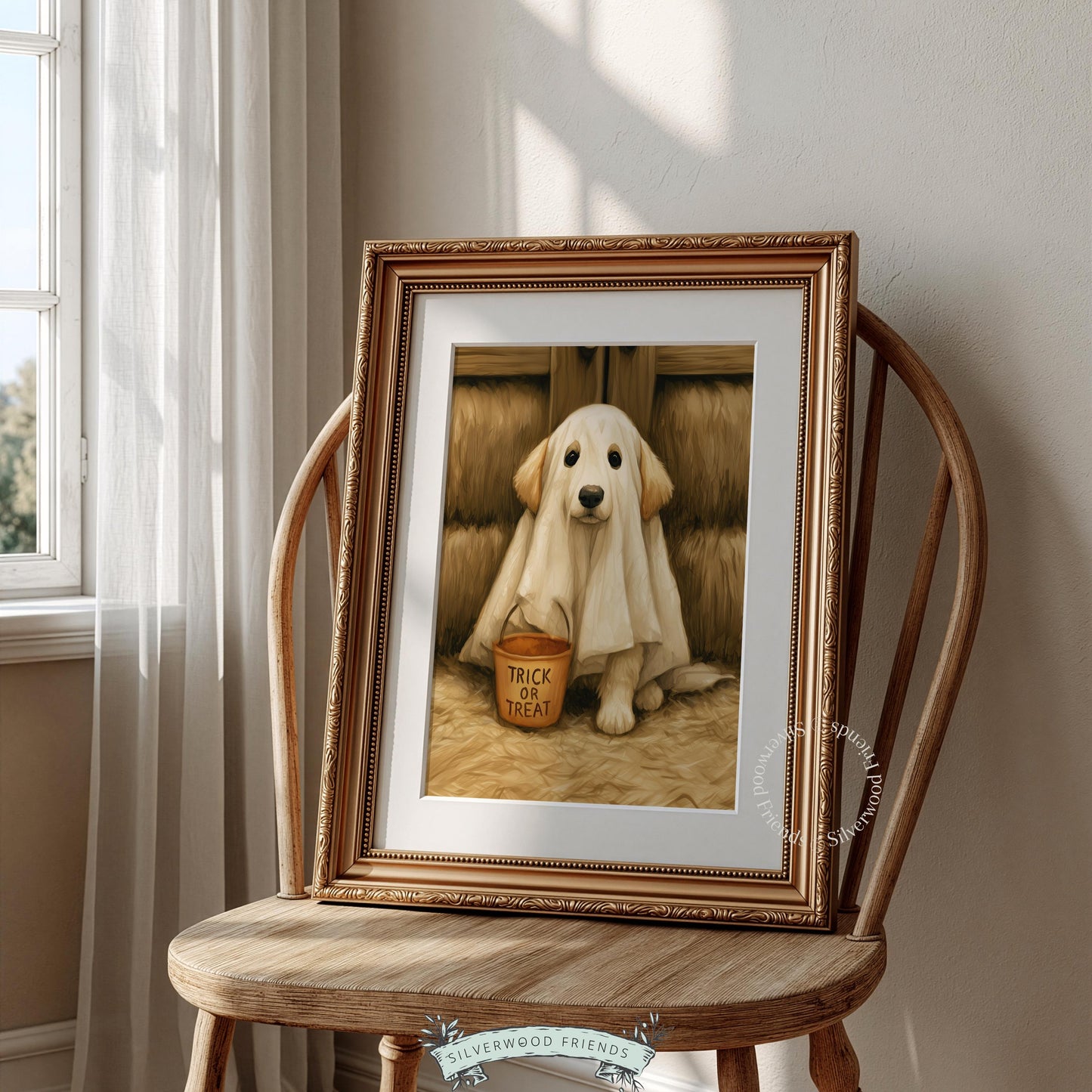 Adorable pup in white sheet costume printable art for nursery — spooky-sweet trick or treat bucket farmhouse style