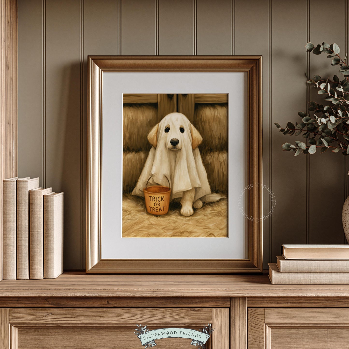 Retriever in sheet costume picture for gallery wall — cute spooky seasonal printable with rustic hay background