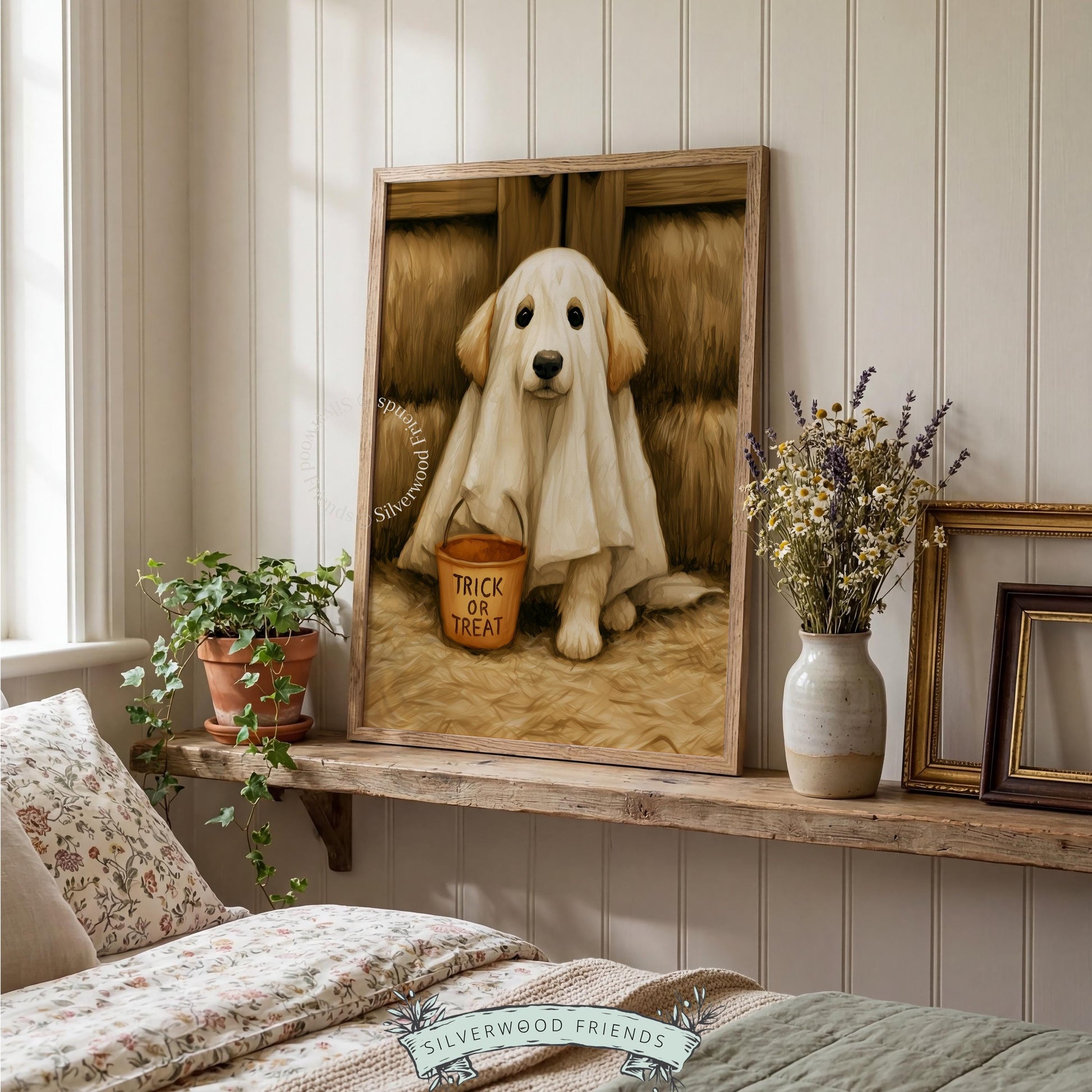 Adorable retriever in costume digital wall art — cute spooky poster printable with textured vintage farmhouse style