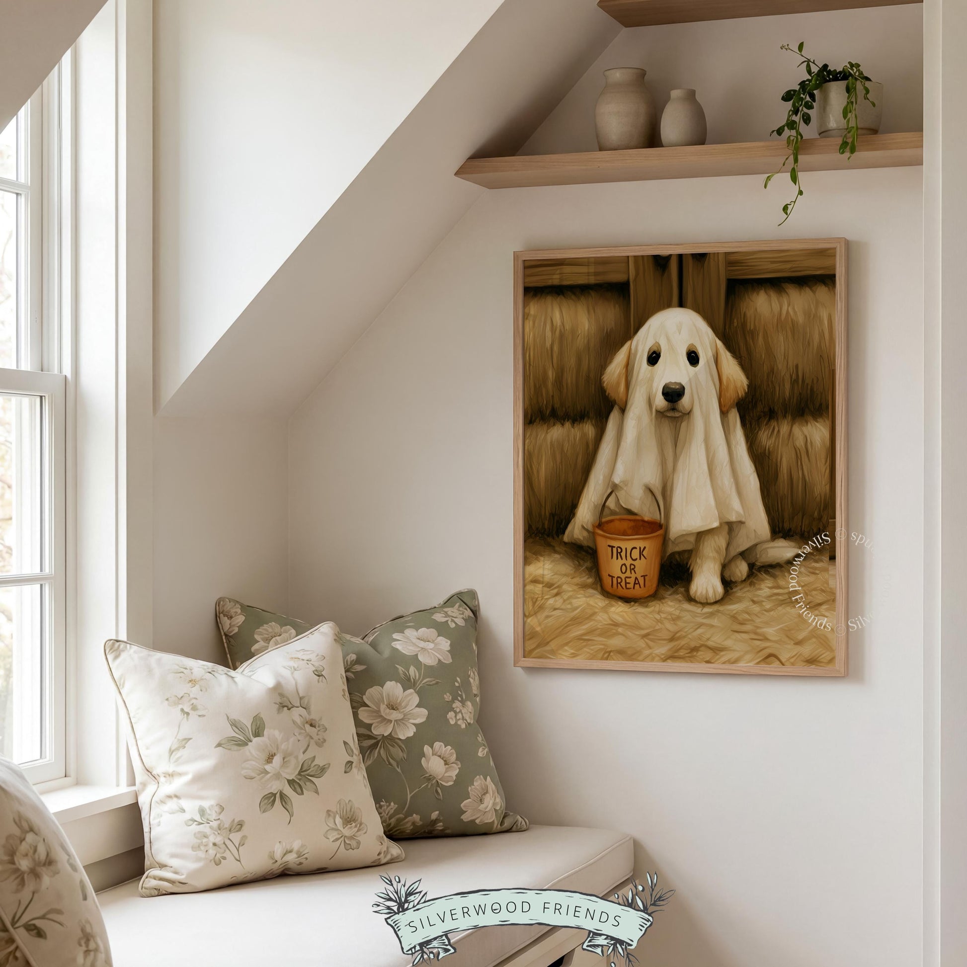Adorable retriever trick-or-treat wall art printable — vintage autumn poster with cozy spooky-sweet farmhouse mood