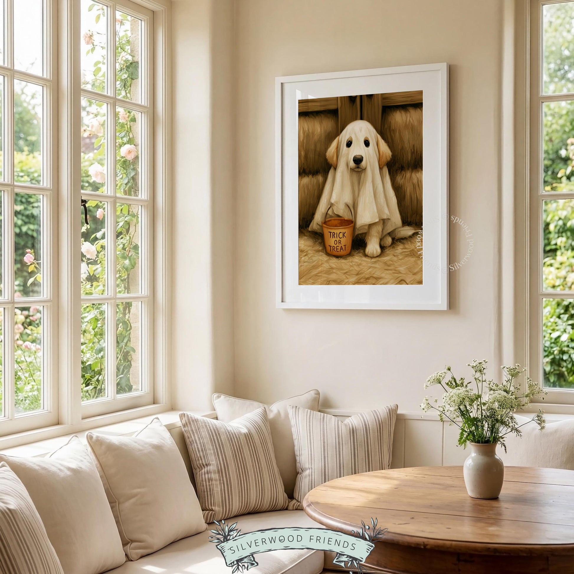 Puppy ghost costume digital print for entryway — charming seasonal wall art with rustic country farmhouse aesthetic