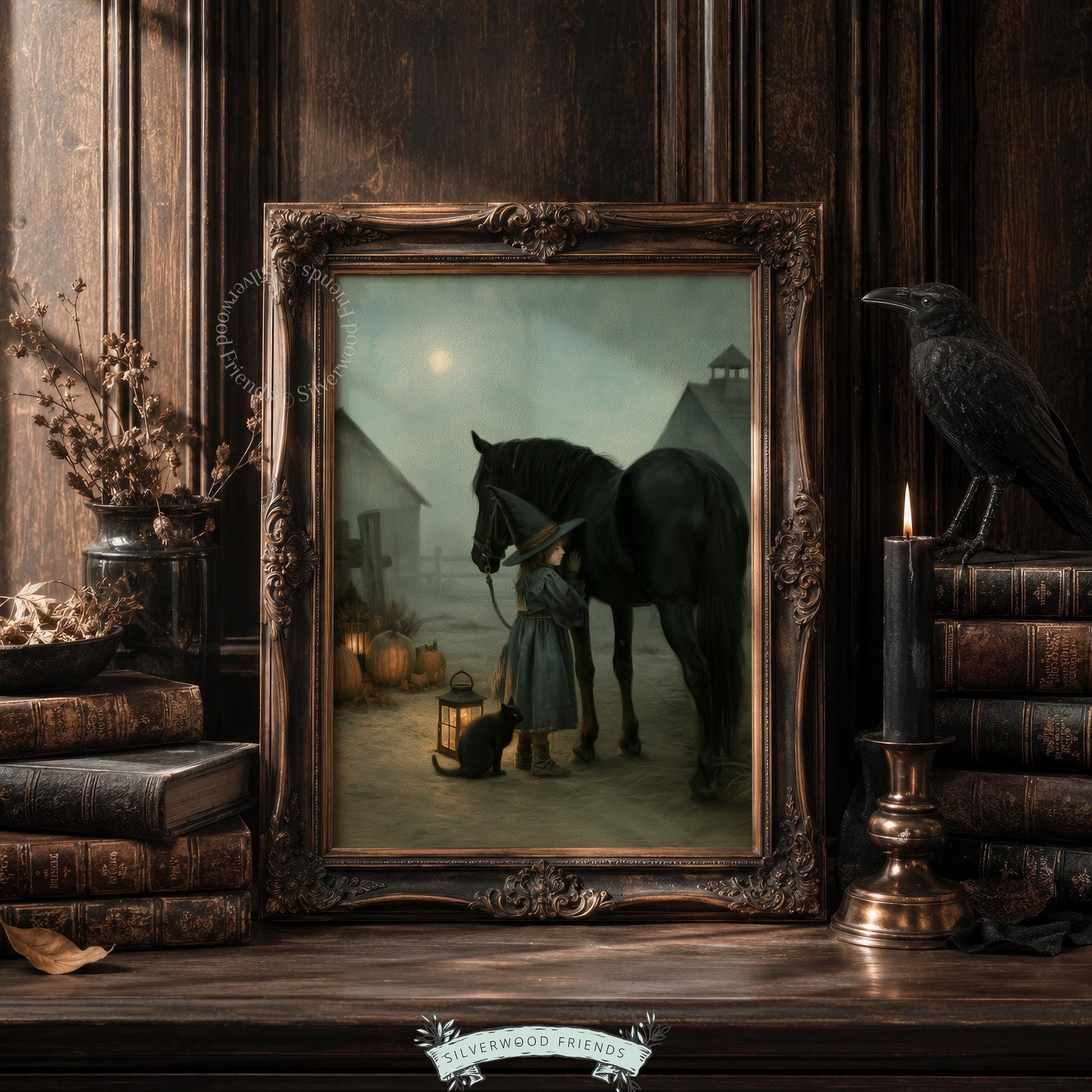 Enchanted witch scene wall decor for guest room — vintage Halloween digital art with atmospheric mist and moonlight