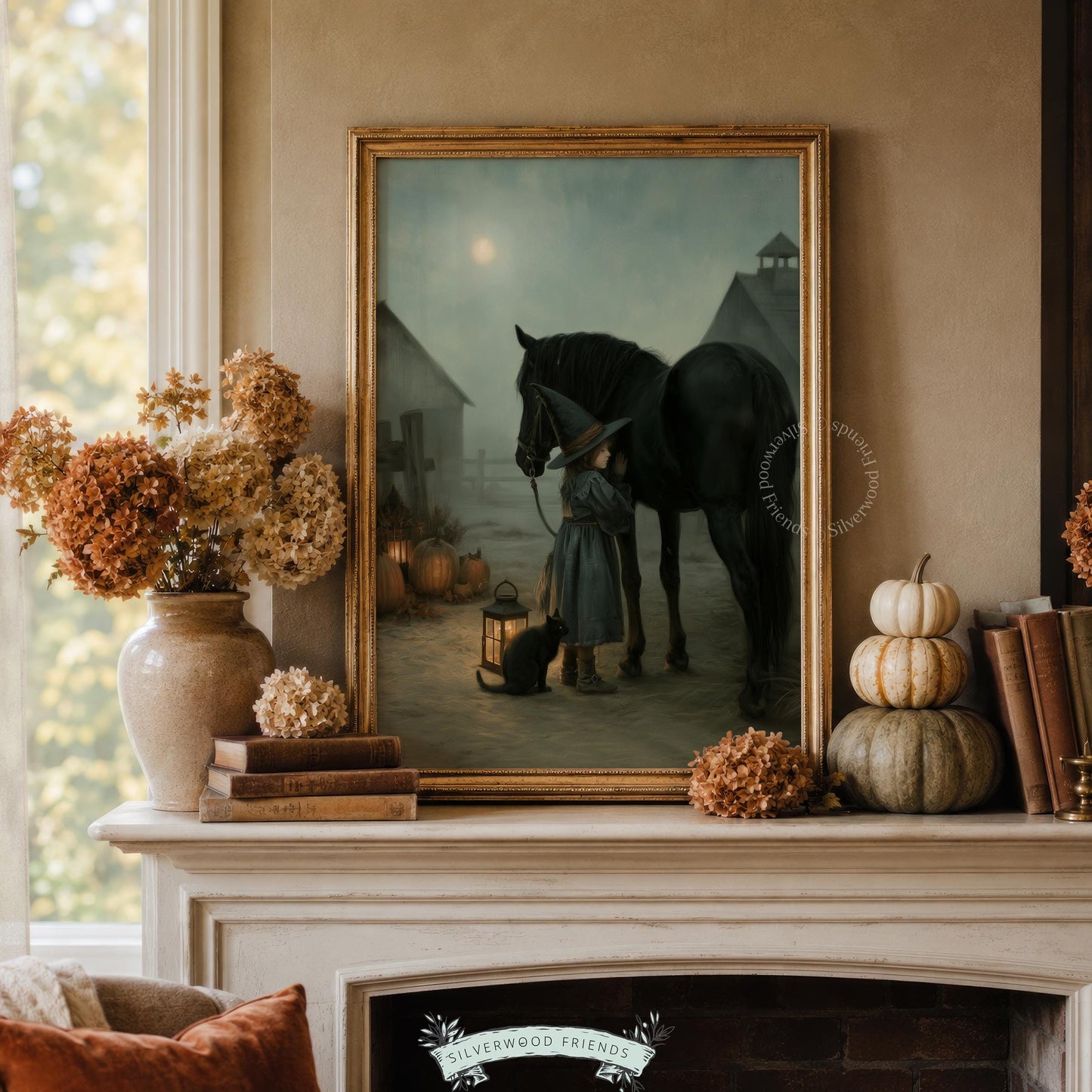Dark horse and young sorceress instant download — spooky printable Halloween artwork with shadowy barn setting