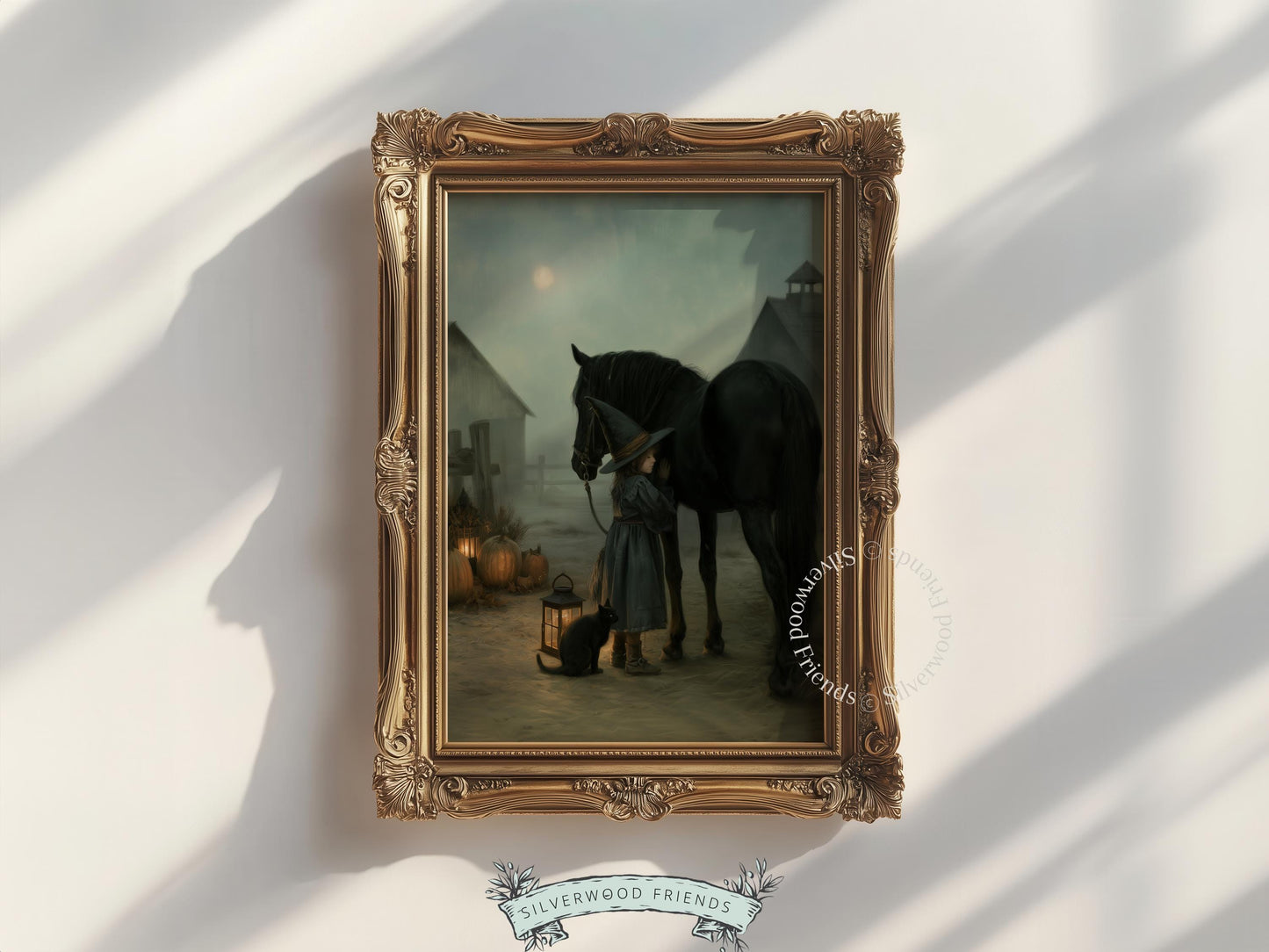 Lantern-holding witch and black cat wall print for nursery — dark academia inspired autumn scene with full moon