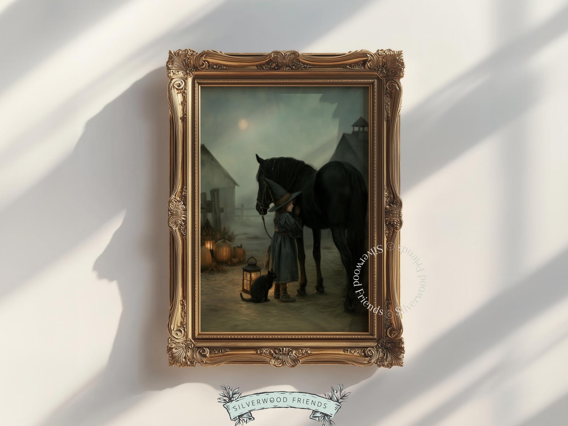 Lantern-holding witch and black cat wall print for nursery — dark academia inspired autumn scene with full moon