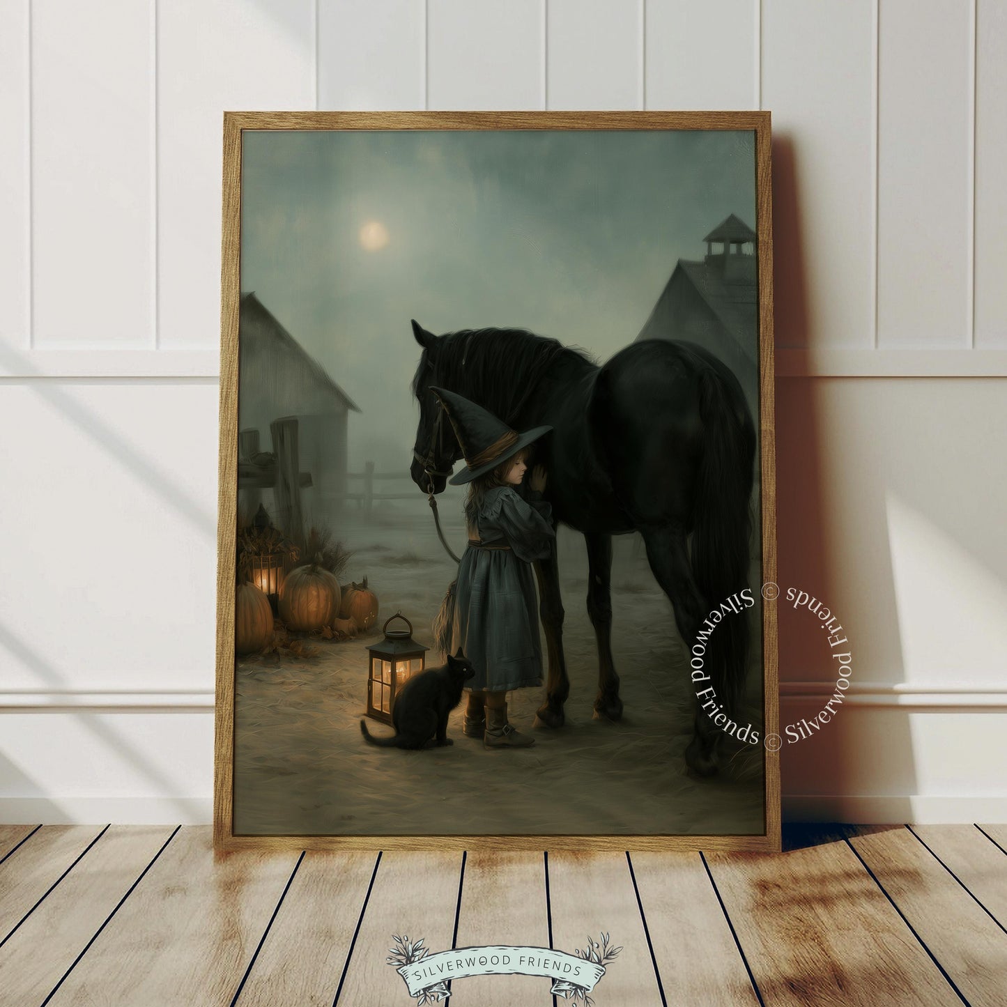 Witch girl and dark horse poster — moody cottagecore wall art featuring eerie candlelit pumpkins and misty moon